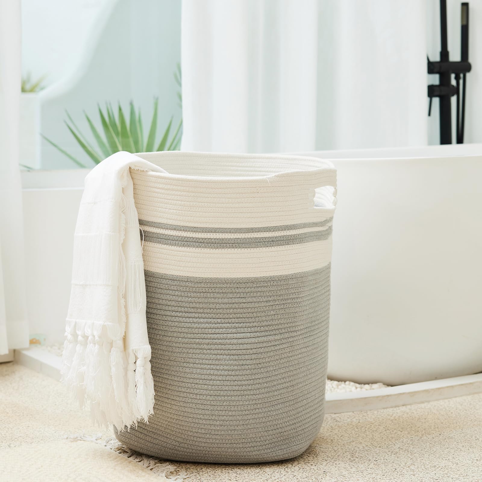 Casaphoria Woven Rope Laundry Hamper Basket - 16x13x22 Inches Light Gray - Stylish Clothes & Blanket Storage Organizer for Bedroom, Living Room & Bathroom - Perfect for Dirty Laundry, Towels & Home Decor
