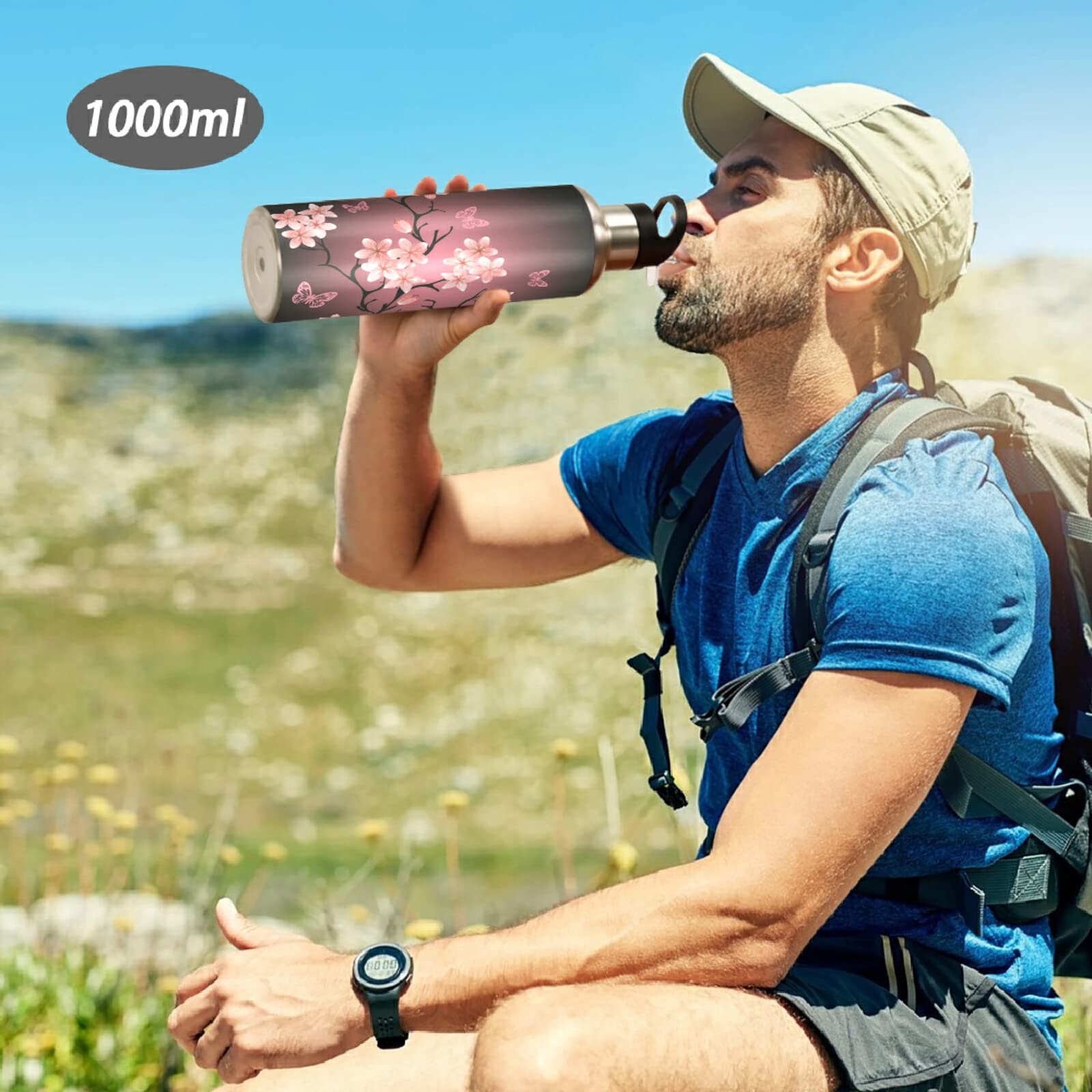 Cherry Blossom Vacuum Water Bottle 32oz - Insulated Stainless Steel Thermo Flask with Straw Lid for Travel & Gym