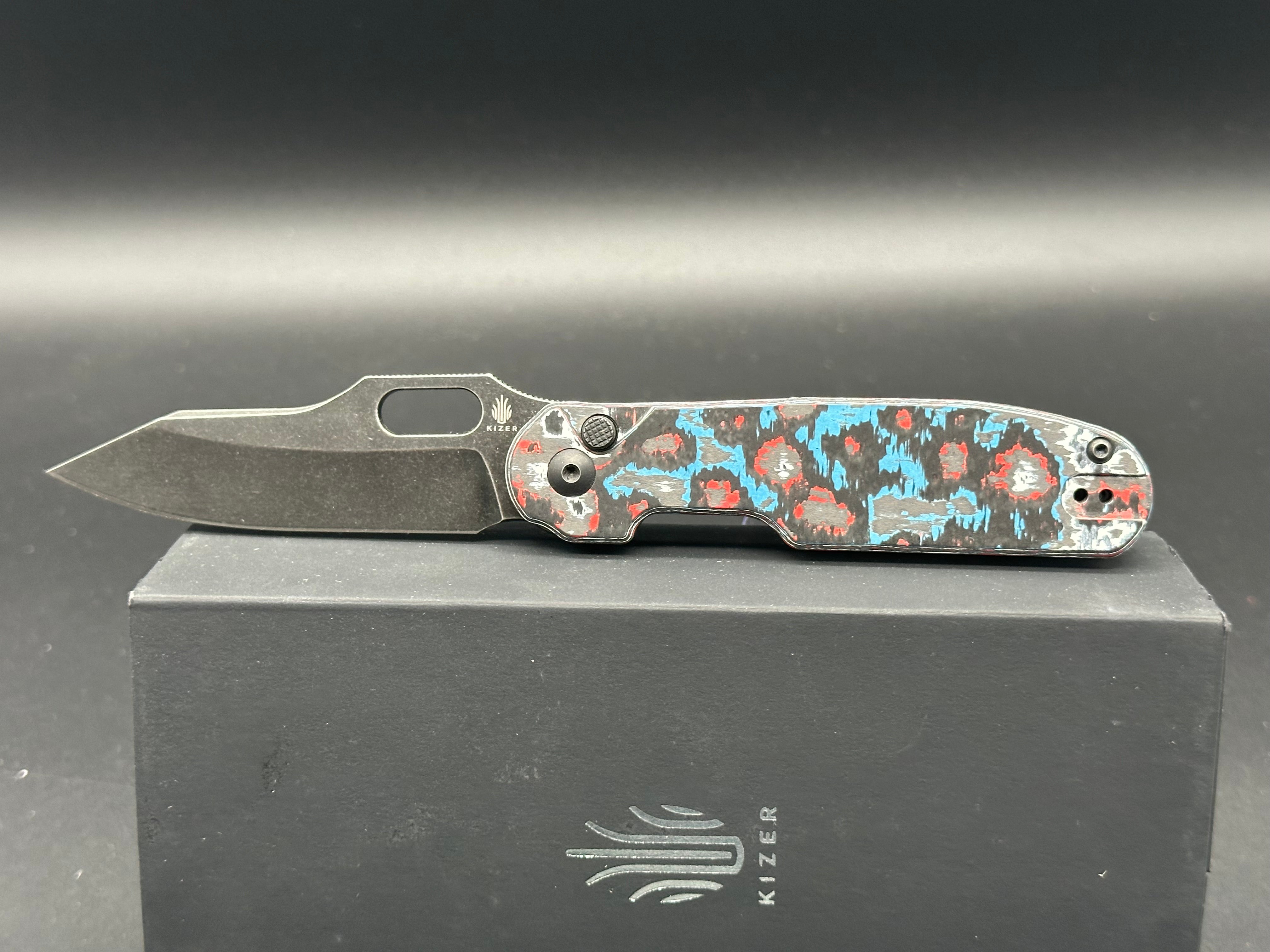 Kizer Cormorant Plunge Lock Folding Pocket Knife - Blue/Black FatCarbon Handle, 3.15