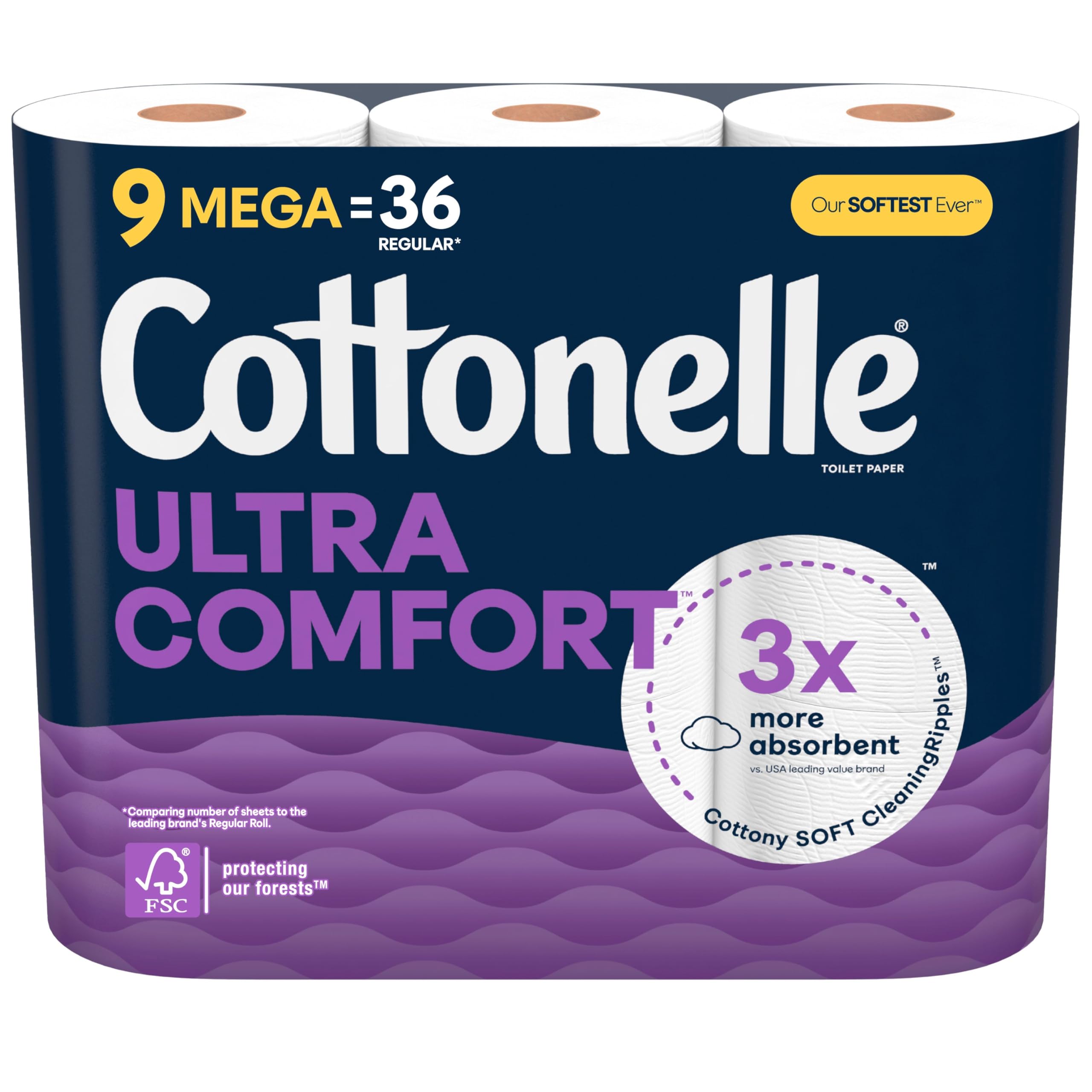 Cottonelle Ultra Comfort Toilet Paper - 9 Mega Rolls (Equivalent to 36 Regular Rolls) | 244 Sheets per Roll | Soft & Strong Bath Tissue for Home & Office Use | Packaging May Vary