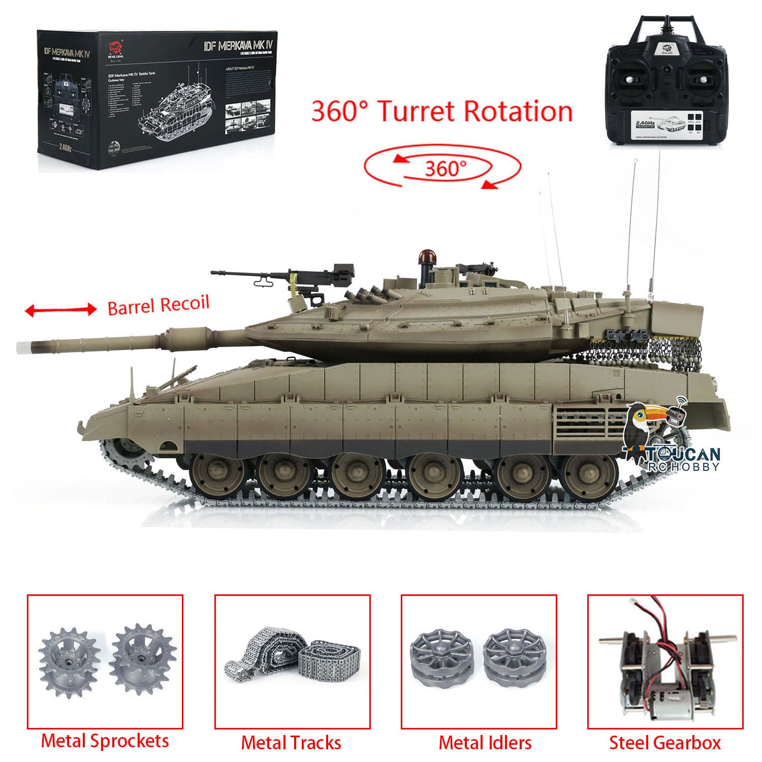 1:16 Scale RC Military Battle Tank - Heng Long IDF Merkava MK IV 3958 Upgraded Edition with Metal Gearbox & Tracks | Remote Control Model Tank for Collectors & Battle Simulation | Perfect for Outdoor Play, Military Enthusiasts & Display