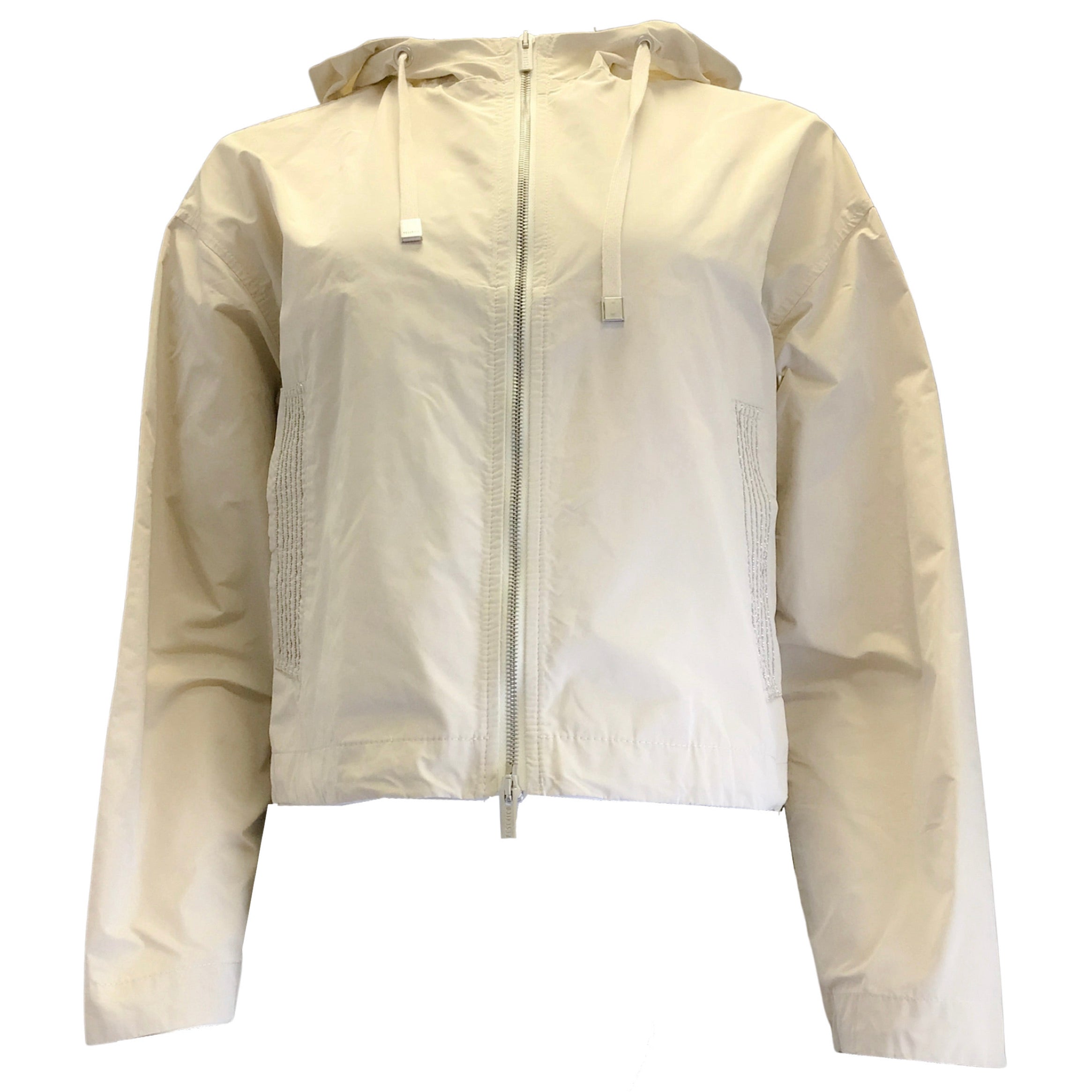 Peserico Cream & Silver Beaded Detail Hooded Full Zip Jacket for Women | Stylish Winter Coat for Casual Outings & Evening Events