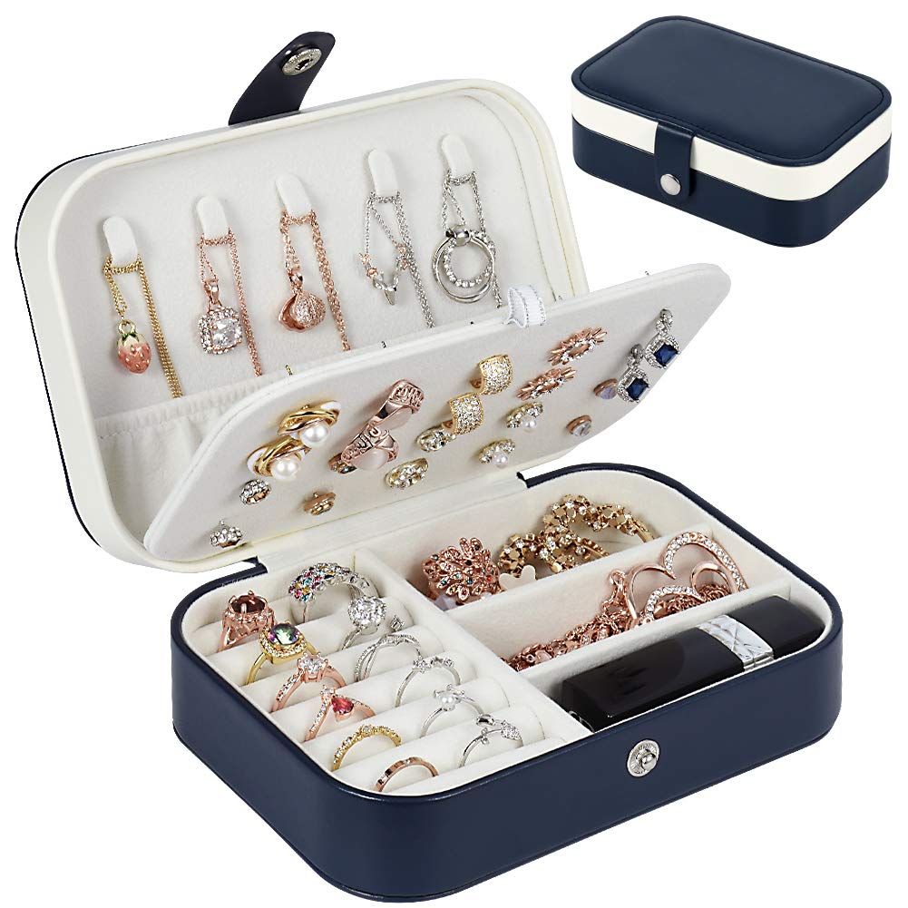 Jiemei Jewelry Box - Double Layer Travel Jewelry Organizer Case for Women, Necklaces, Earrings, Rings & Accessories (Dark Blue) - Perfect for Travel, Home Storage & Gift Giving