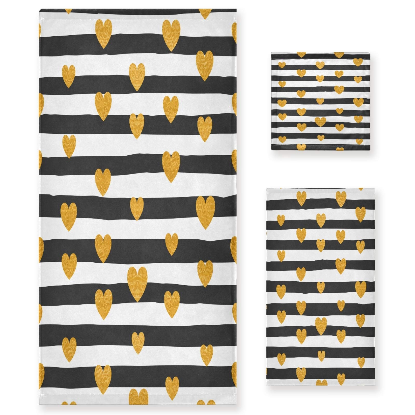 Premium Gold Hearts Bath Towels Set - Ultra Absorbent & Soft Luxury Towels for Home, Spa, and Hotel Decor - 3 Piece Bath, Hand, and Washcloth Set - Perfect for Gifts, Guest Bathrooms & Cozy Self-Care Moments