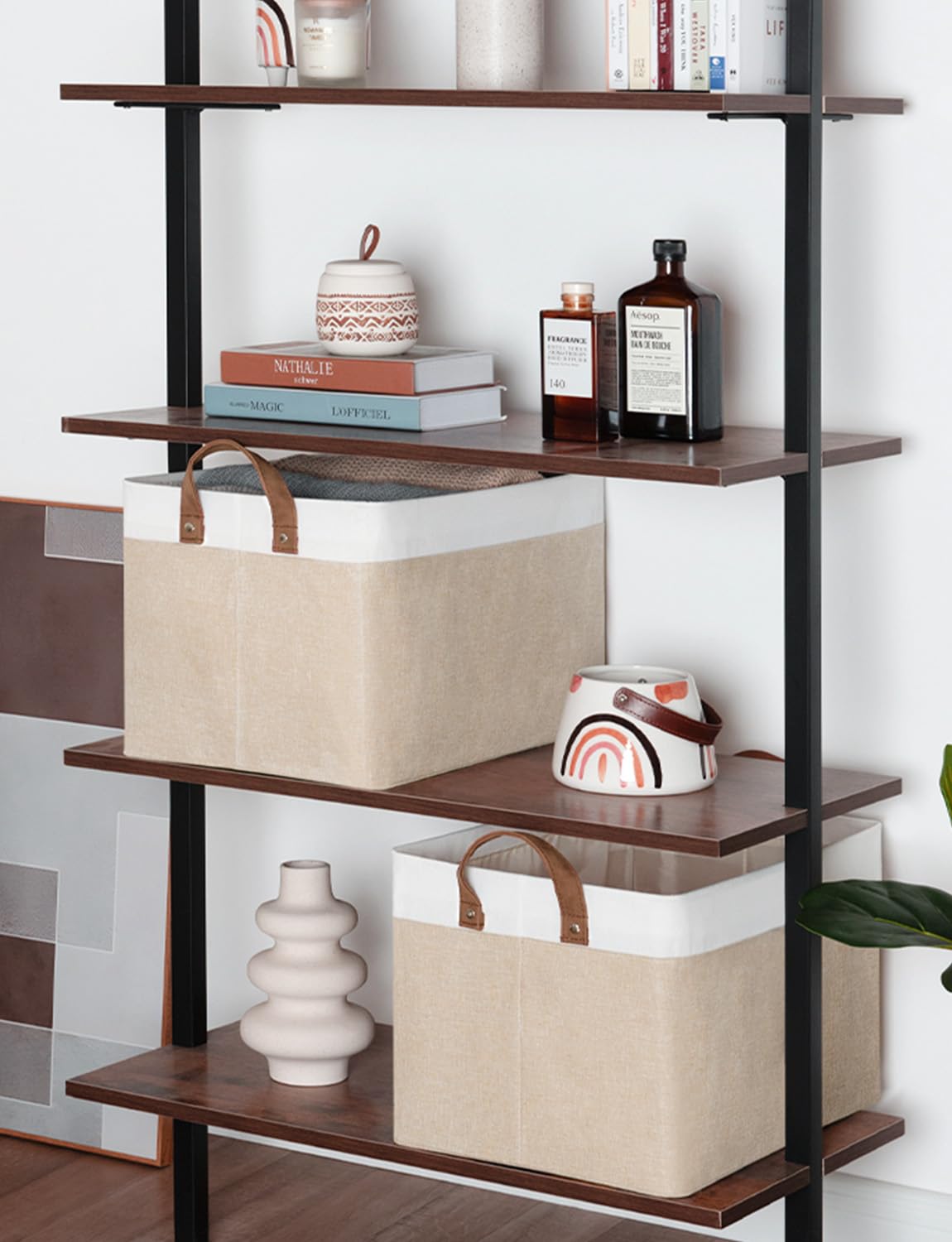 StorageWorks 2-Pack Large Fabric Storage Bins with Metal Frame & Handles - Closet Organizers for Shelves (Brown & White) | Perfect for Bedroom, Closet & Pantry Organization