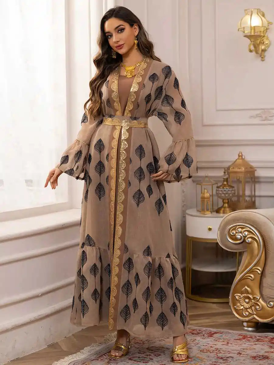 Elegant 2-Piece Eid Dress Set - Embroidered Caftan Kaftan with Sleeveless Inner Dress #25469 | Perfect for Eid Celebrations, Weddings & Special Occasions