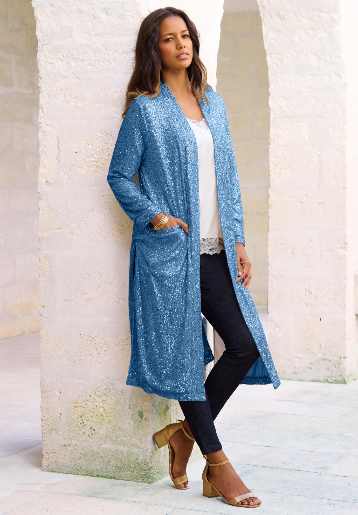 Romantic Women's Plus Size Sequin Duster Cardigan - Elegant Long Open Front Cover Up for Evening Parties, Weddings & Special Occasions