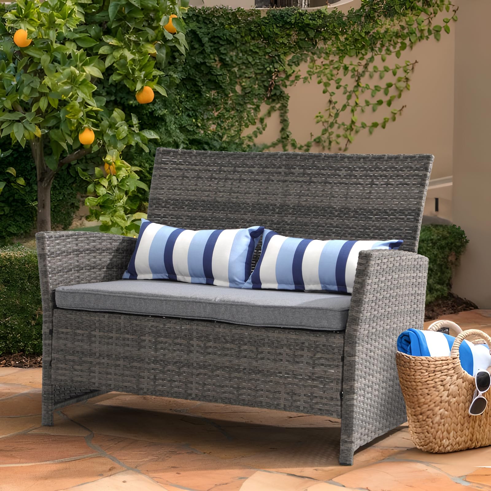 **SUNSITT Outdoor Wicker Loveseat with Cushions – 2-Seater PE Rattan Sofa with Lumbar Pillows, Grey Wicker & Grey Cushions – Durable Steel Frame – Perfect for Patio, Backyard, Garden, Poolside & Porch Relaxation**