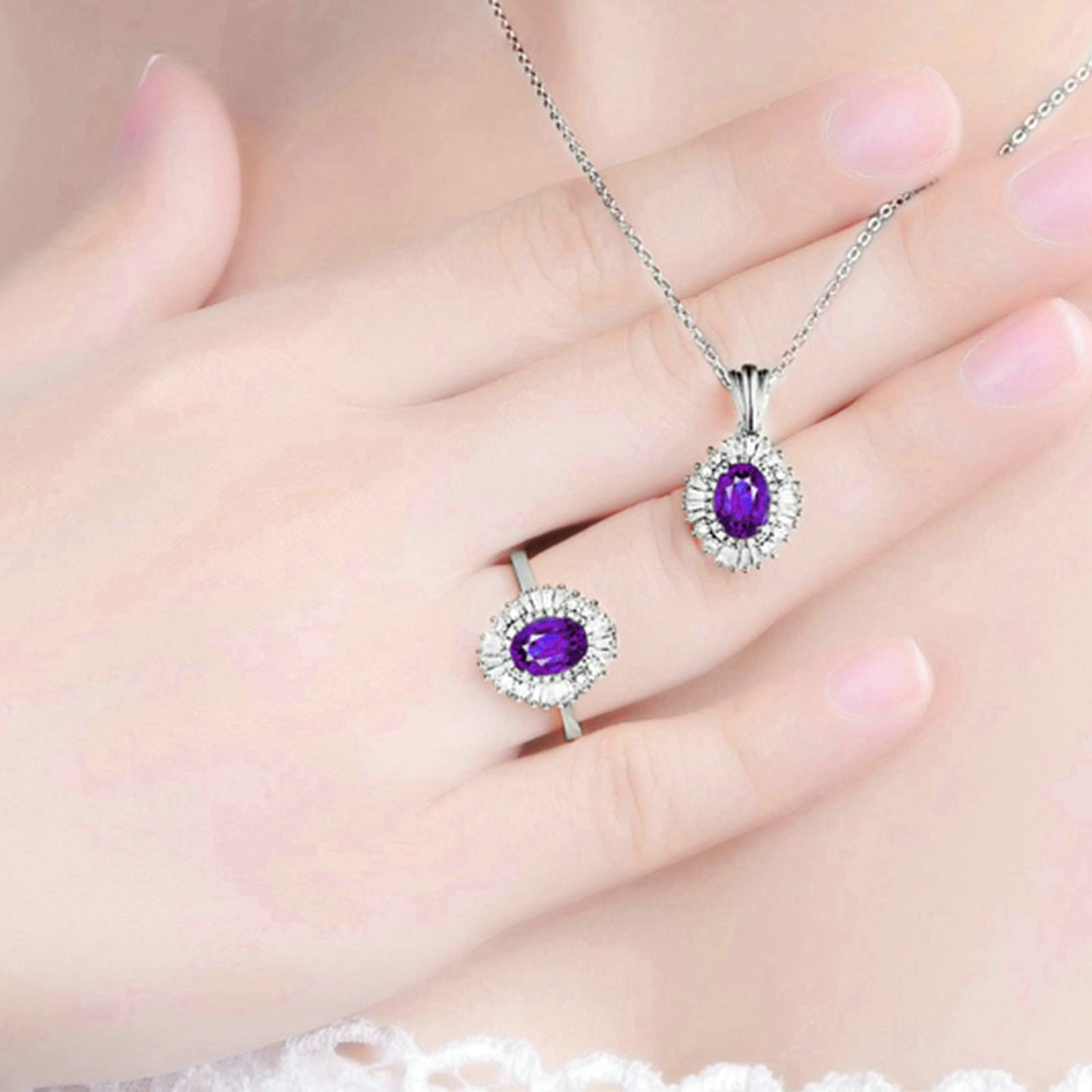 Sterling Silver Amethyst Rings for Women, Oval CZ Engagement Wedding Ring Set - Perfect for Proposals, Anniversaries & Special Occasions