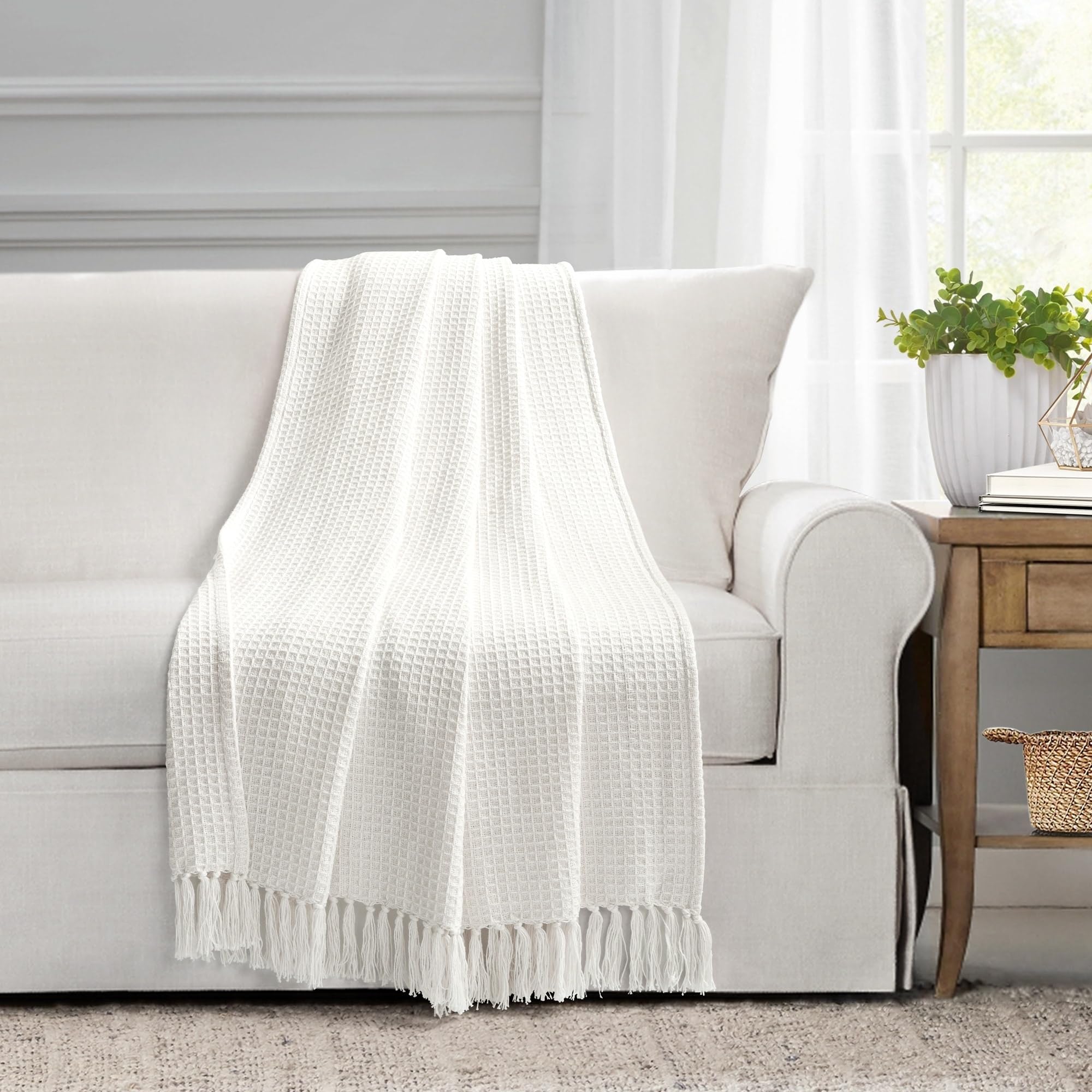 Lush Decor Waffle Cotton Knit Throw Blanket - Soft White Single Size 50