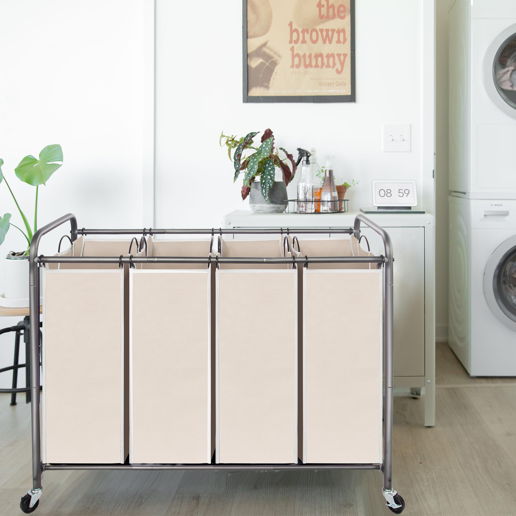 Heavy-Duty Rolling Laundry Hamper with 4 Removable Bags & Lockable Wheels - Beige Laundry Sorter Cart for Bedroom, Closet, or Laundry Room Organization