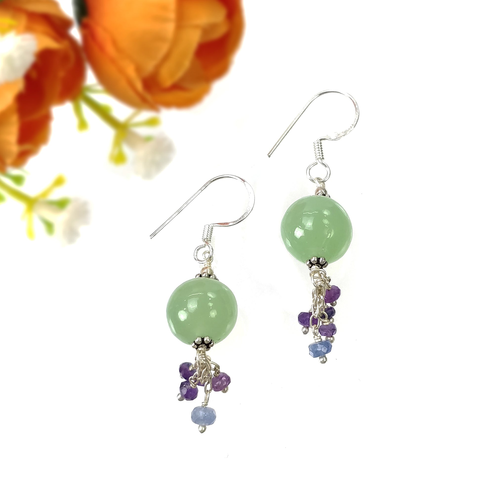 925 Sterling Silver Serpentine Blue Pink Sapphire Gemstone Beaded Drop Dangle Hook Earrings - 6.37gms Natural Stone Jewelry for Women, Gift for Her, Perfect for Parties, Weddings & Special Occasions