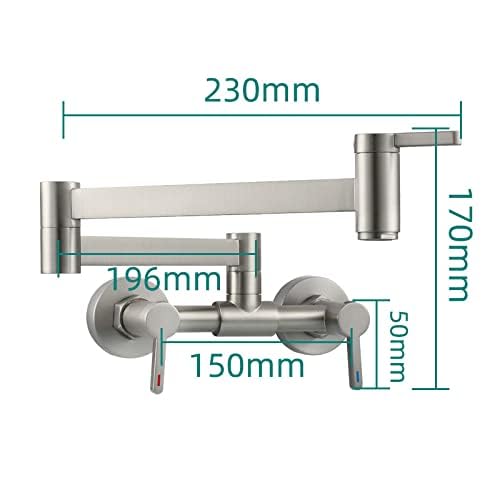 Solid Brass Wall Mount Kitchen Sink Faucet - Dual Handle Hot & Cold Water Mixing Tap with Extendable Folding Arm & Chrome Plating (Dual Function Spray Nozzle) - Perfect for Small Kitchens, RVs and Bathroom Sinks