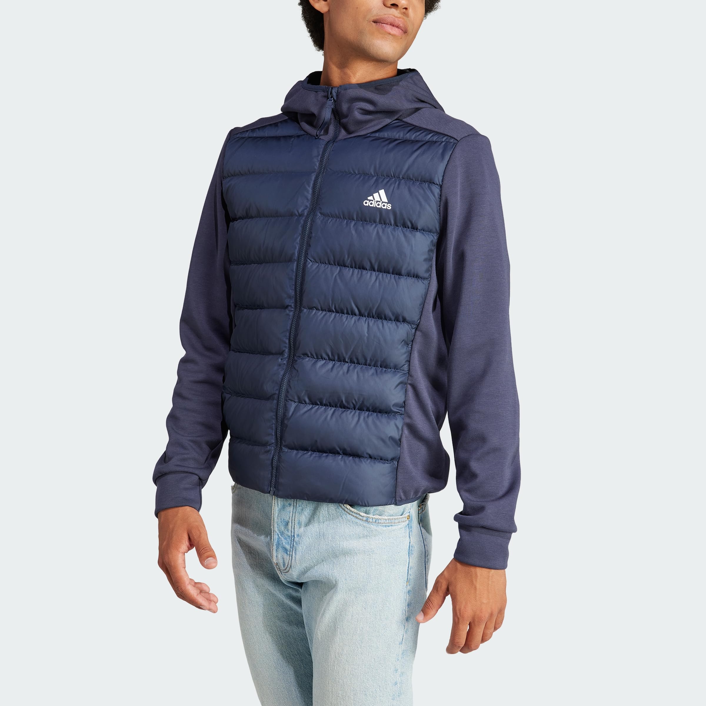 adidas Men's Essentials Hybrid Down Hooded Jacket - Lightweight Warm Winter Coat for Running, Hiking & Outdoor Activities