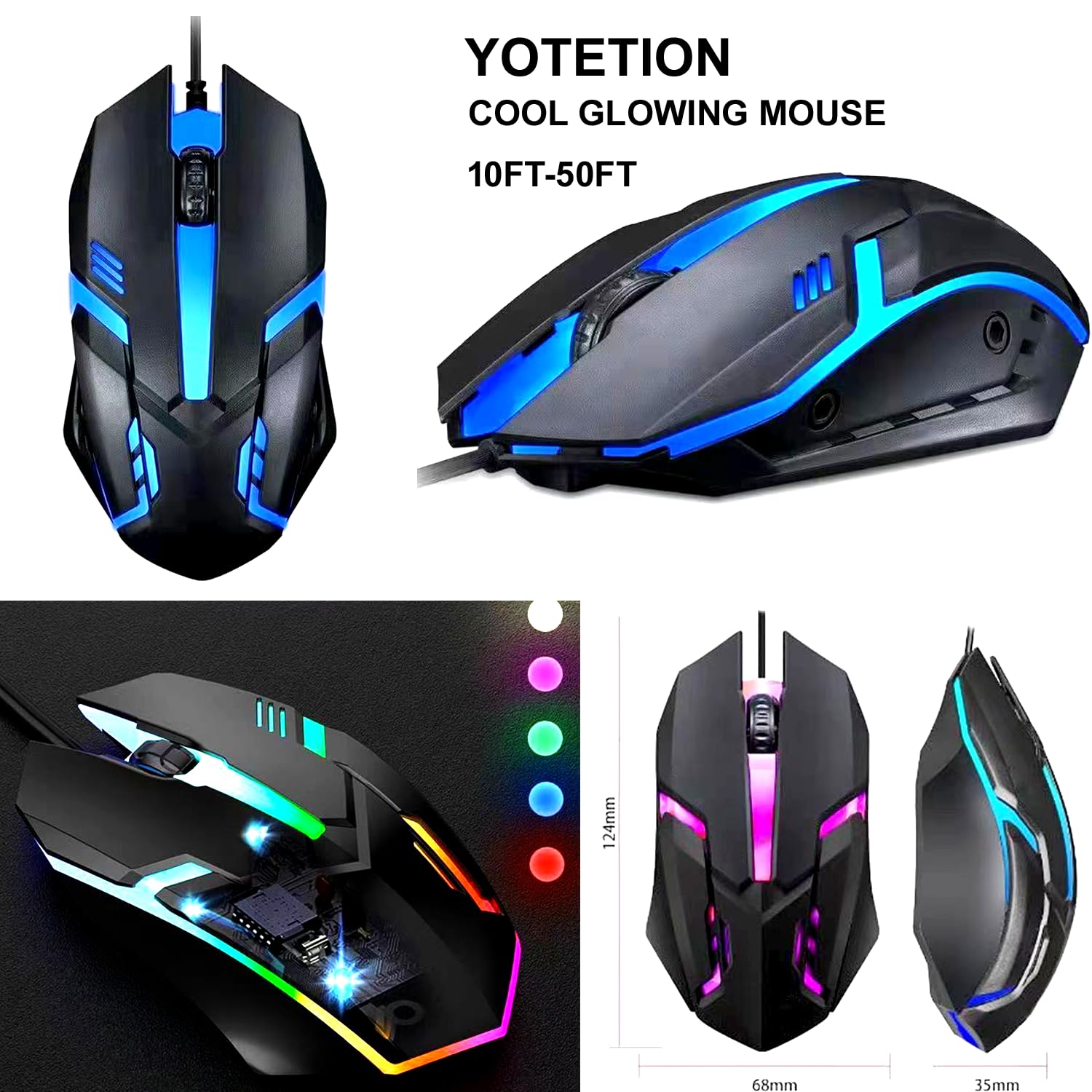 40FT Long USB A Wired Mouse - High Performance Ergonomic Computer Mouse for Windows PC, Mac, Laptop, Notebook & Chromebook (Ambidextrous Left/Right Hand Use) - Perfect for Office Work, Gaming & Long-Distance Computing