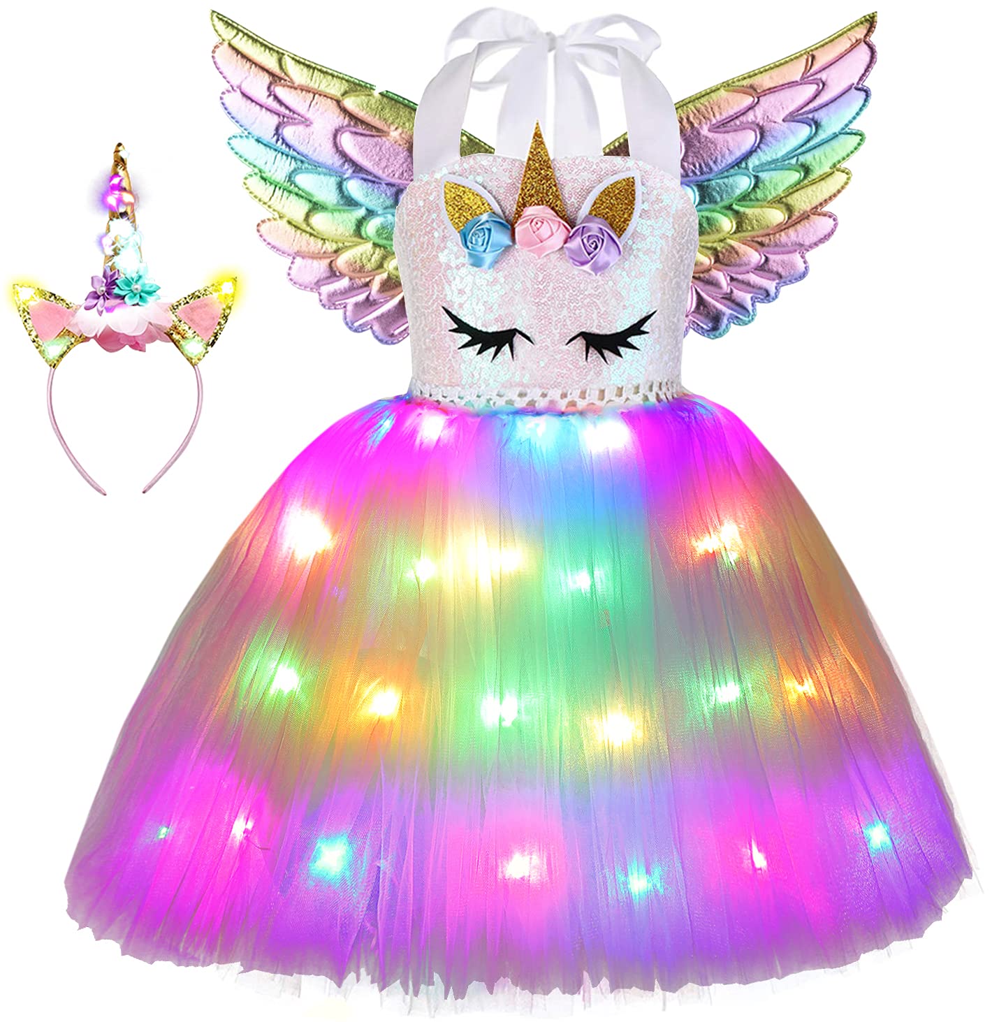 Unicorn Tutu Costume for Girls - LED Light Princess Dress with Wings for Halloween, Birthday Parties & Dress-Up | Cuteshower