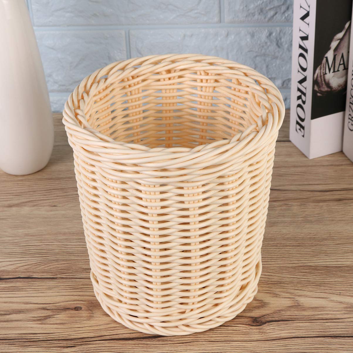 Zerodeko Woven Storage Basket - Pen Organizer, Flatware Holder, Desktop Plant Stand with Pot, Boho Wicker Hamper for Home Office Decor | Perfect for Organizing Stationery, Utensils, Small Plants & Trash in Living Room, Bedroom or Workspace