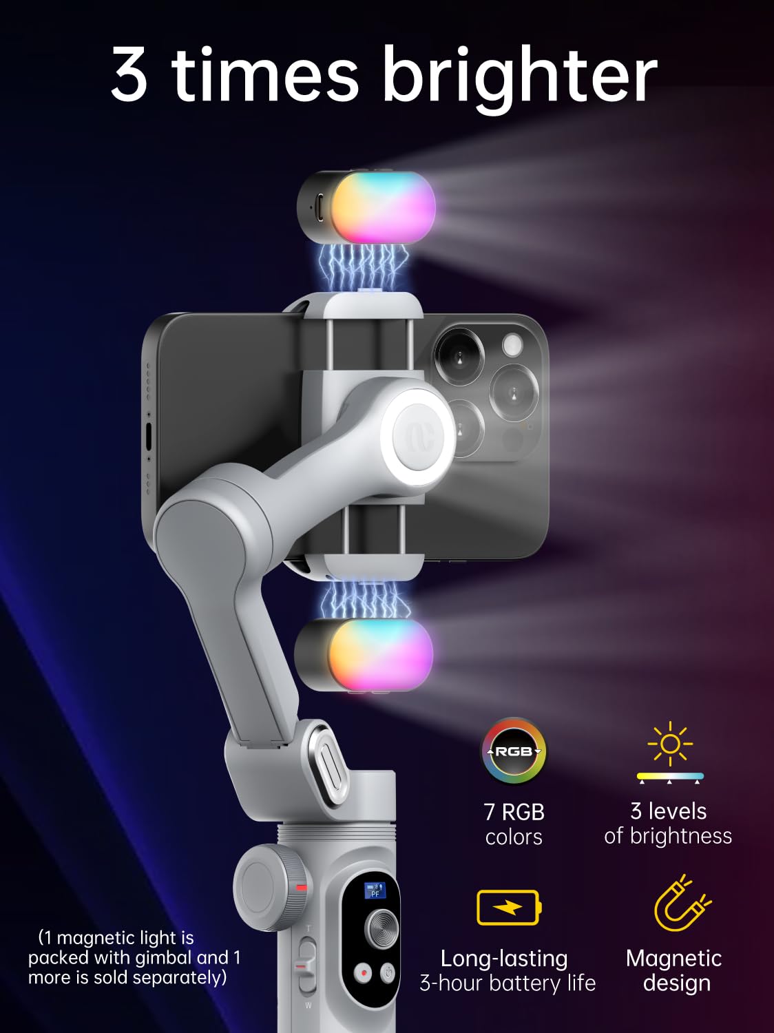 iPhone Gimbal Stabilizer - 3-Axis Smartphone Gimbal with RGB Magnetic Fill Light & Focus/Zoom Wheel | Portable Vlogging Stabilizer for iPhone 15 Pro Max/Android | Perfect for YouTube, TikTok & Travel Videos (Smart X Pro Kit, Gray)