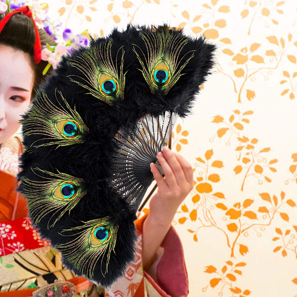 Vintage Style Marabou Feather Hand Fan - Peacock Folding Handheld Fan for Dancing, Party, Flapper, Wedding, Burlesque, Costume Accessory (Black) | Elegant Dance Prop & Retro Fashion Statement