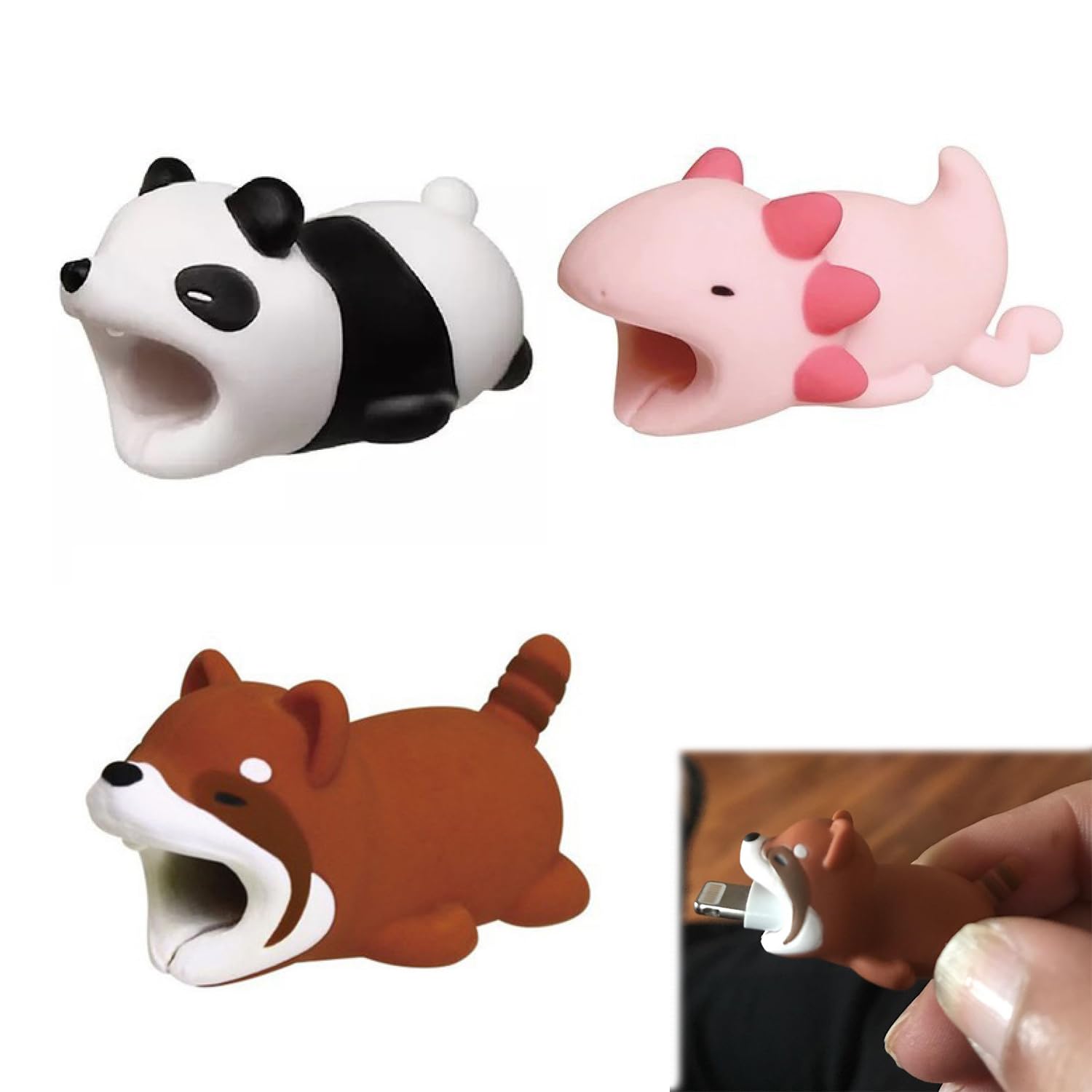 3 Pack Cute Animal Cable Protectors - USB Charger Cord Saver for iPhone, Android, MacBook - Bite Proof Cable Chew Guard for Pets (Black) - Perfect for Home, Office, Travel & Pet Safety