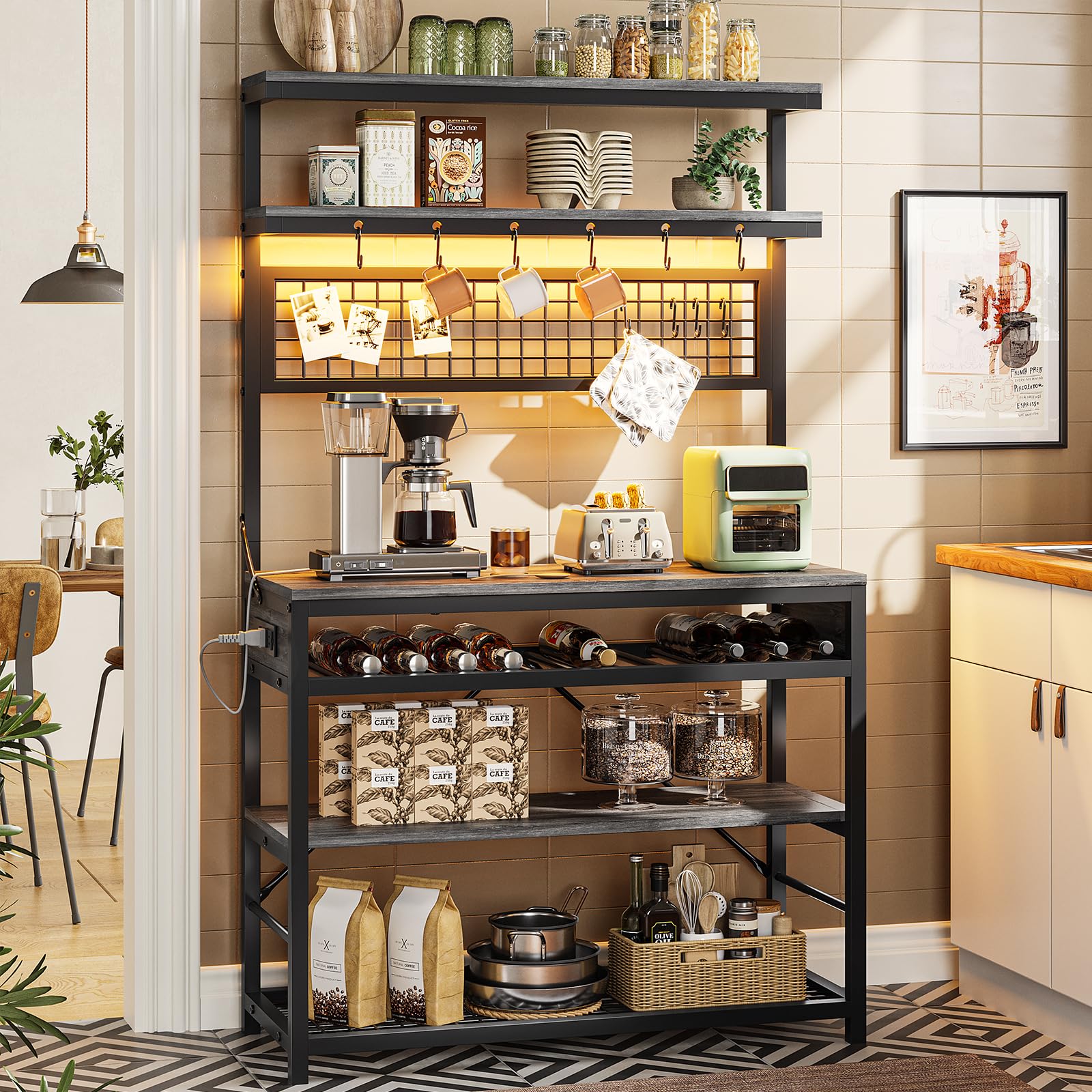 Itaar 6-Tier Bakers Rack with Power Outlet & LED Lights - Kitchen Coffee Bar, Microwave Stand with Wine Rack & 10 Hooks - Grey Storage Shelf for Small Spaces - Perfect for Coffee Stations, Pantry Organization & Kitchen Decor