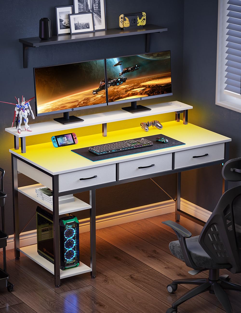 Rolanstar 47 Inch Modern Computer Desk with Power Outlets, USB Ports & LED Light - Home Office Desk with Drawers, Storage Shelves & Monitor Stand - Ergonomic Writing Workstation for Small Spaces, Gaming & Remote Work (White)