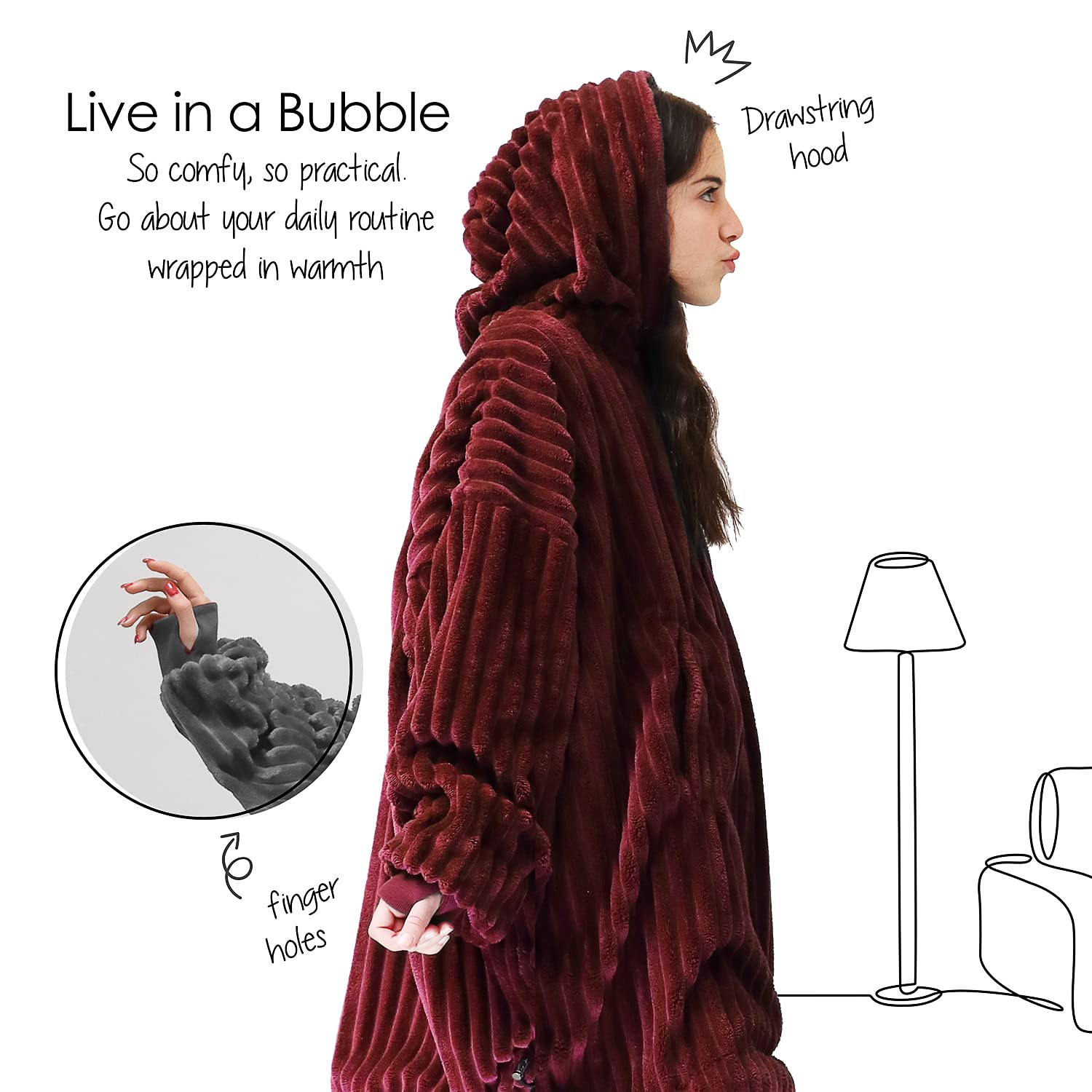 Nestl Kids Wearable Blanket Hoodie - Reversible Plush Microfiber Oversized Hooded Sweatshirt Blanket for Boys & Girls (Burgundy/Rainbow) | Warm Cozy Fleece Lounge Wear for Sleepovers, Movie Nights & Winter Comfort