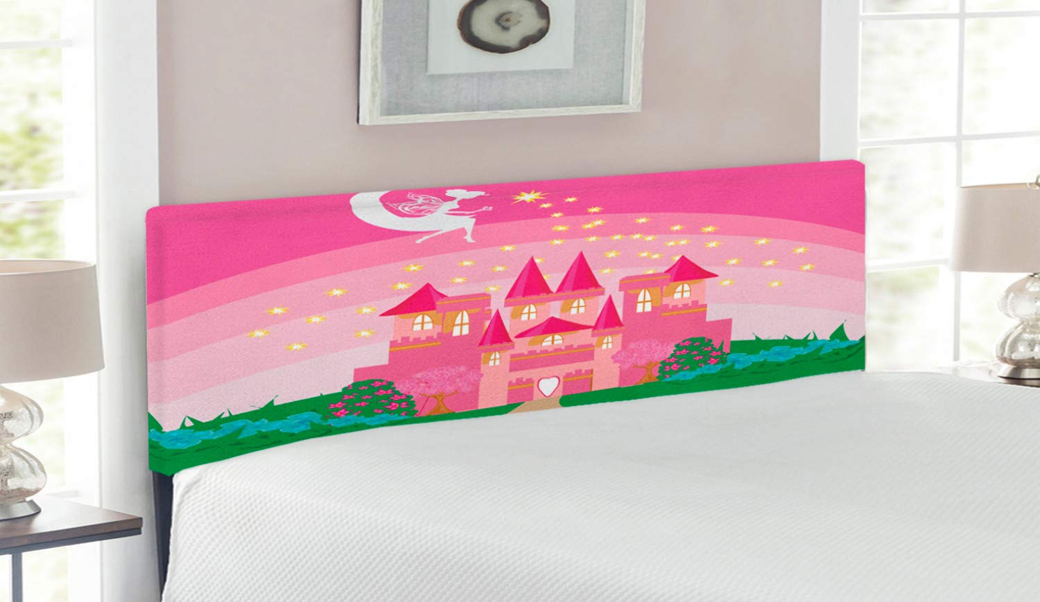 Ambesonne Queen Size Upholstered Metal Headboard with Memory Foam - Fantasy Tale Pixie Sky Illustration, Green & Pink Decorative Bed Headboard for Bedroom, Guest Room, Kids Room