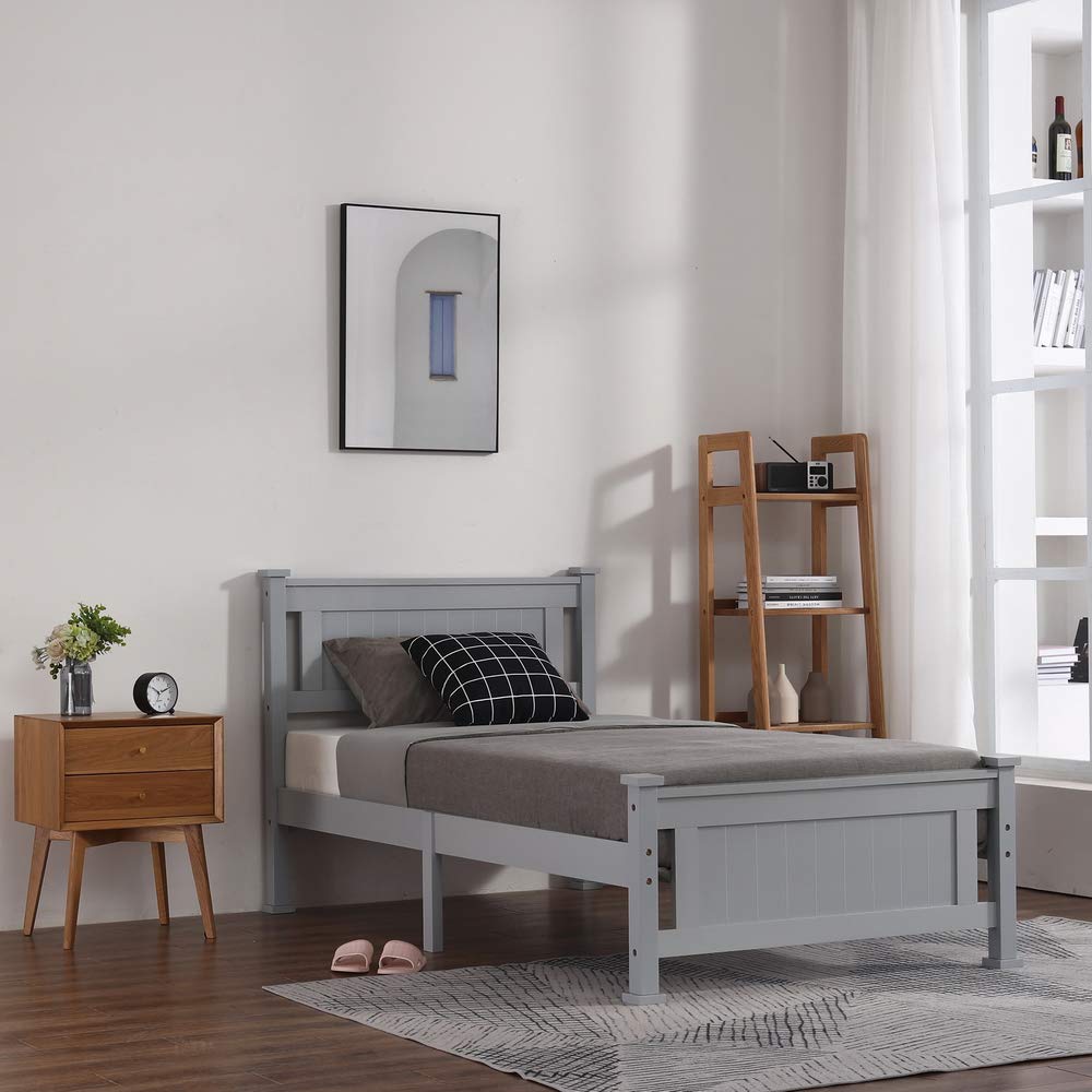 Bonnlo Twin Size Solid Wood Platform Bed Frame for Kids - Sturdy Single Bed with Headboard, No Box Spring Needed | Wood Slat Support Mattress Foundation in Gray | Perfect for Children's Bedrooms, Guest Rooms & Small Spaces