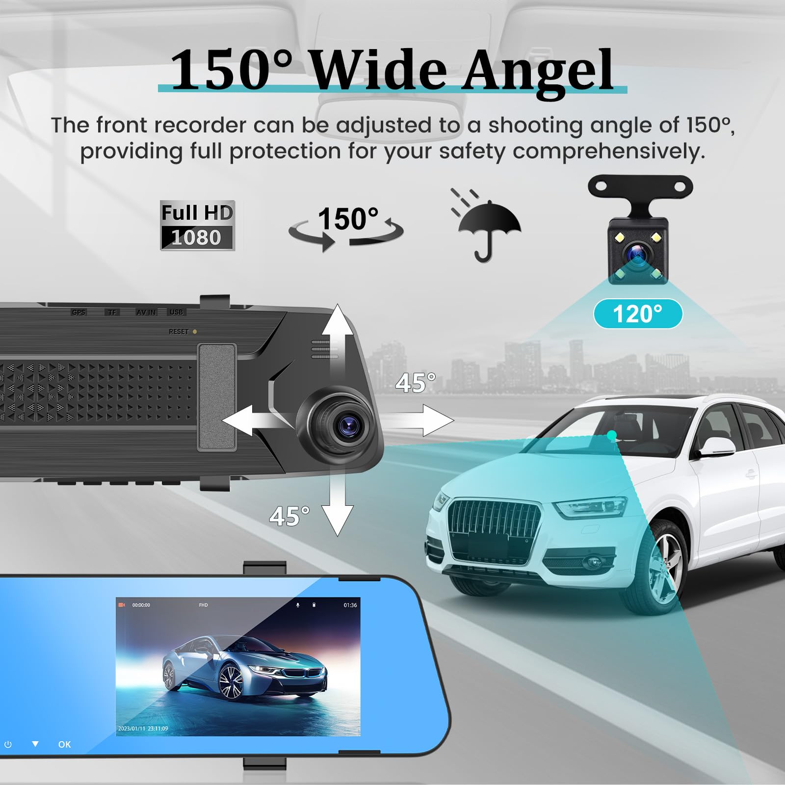 4.5 Inch Car Rear View Backup Camera with 64GB TF Card - 1080P HD IPS Screen, 150° Wide Angle, Night Vision, G-Sensor & Loop Recording for Parking Assistance | Perfect for SUVs, Trucks & RVs