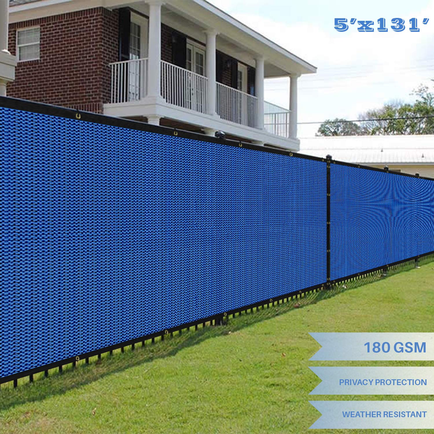 E&K Sunrise 5' x 131' Privacy Fence Screen with Grommets - UV Resistant Outdoor Windscreen for Backyard, Garden & Patio Cover - Blue Privacy Fence Mesh for Sun Protection & Wind Block - Perfect for Poolside, Deck or Balcony Privacy