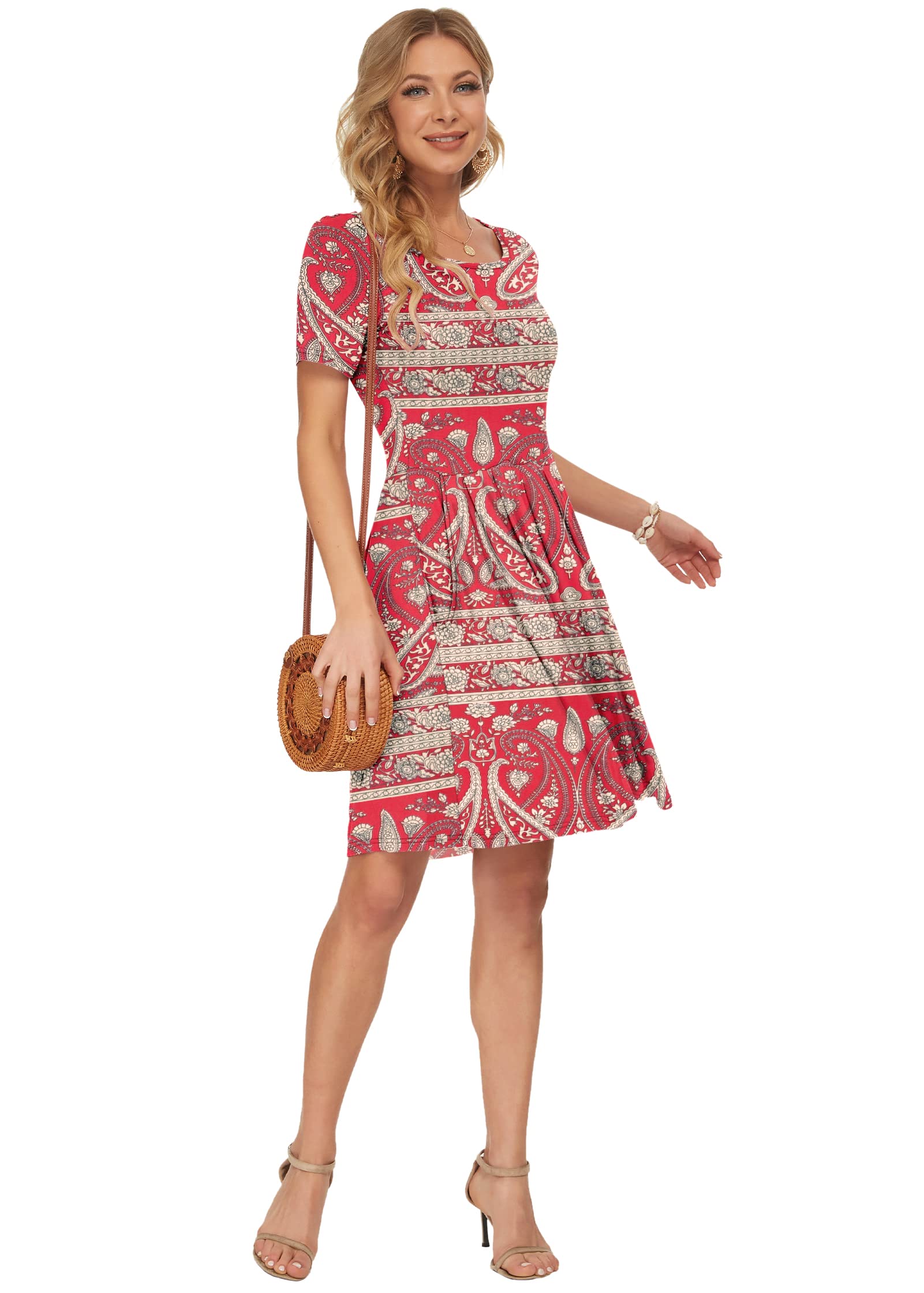 AUSELILY Women's Summer Short Sleeve Pleated Swing Dress - Loose Knee Length Dress with Pockets | Casual Beach Wear, Vacation Outfit, 2025 New Fashion Trend