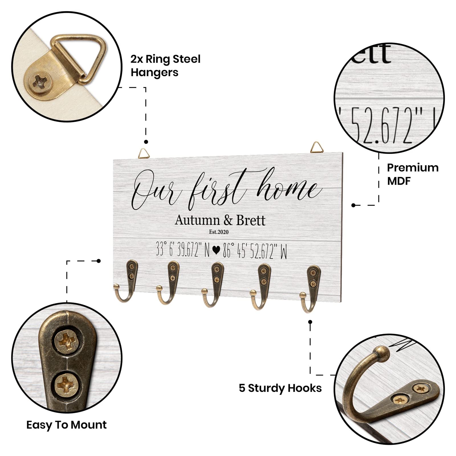 Personalized Key Holder for Wall - Custom Key Hanger with Coordinates, Names & Established Date - Unique Housewarming Gift for Couples - Perfect for New Homeowners & First Home Decor