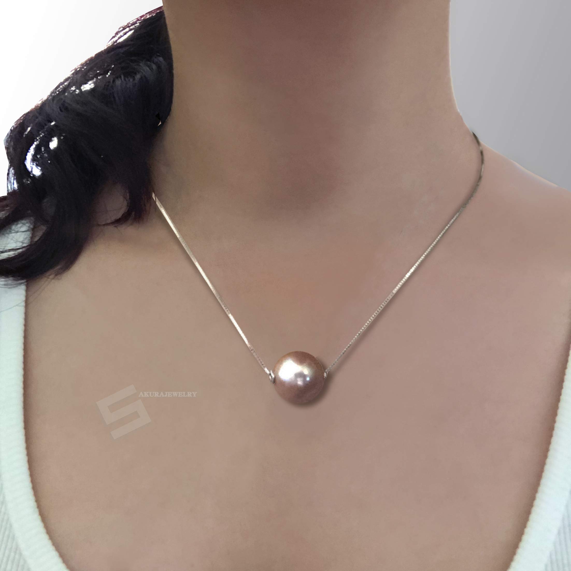 14.5MM Genuine Freshwater Cultured Pearl Sterling Silver Adjustable Floating Necklace - Undyed Natural Pearl Jewelry for Women - Perfect for Weddings, Parties & Everyday Elegance