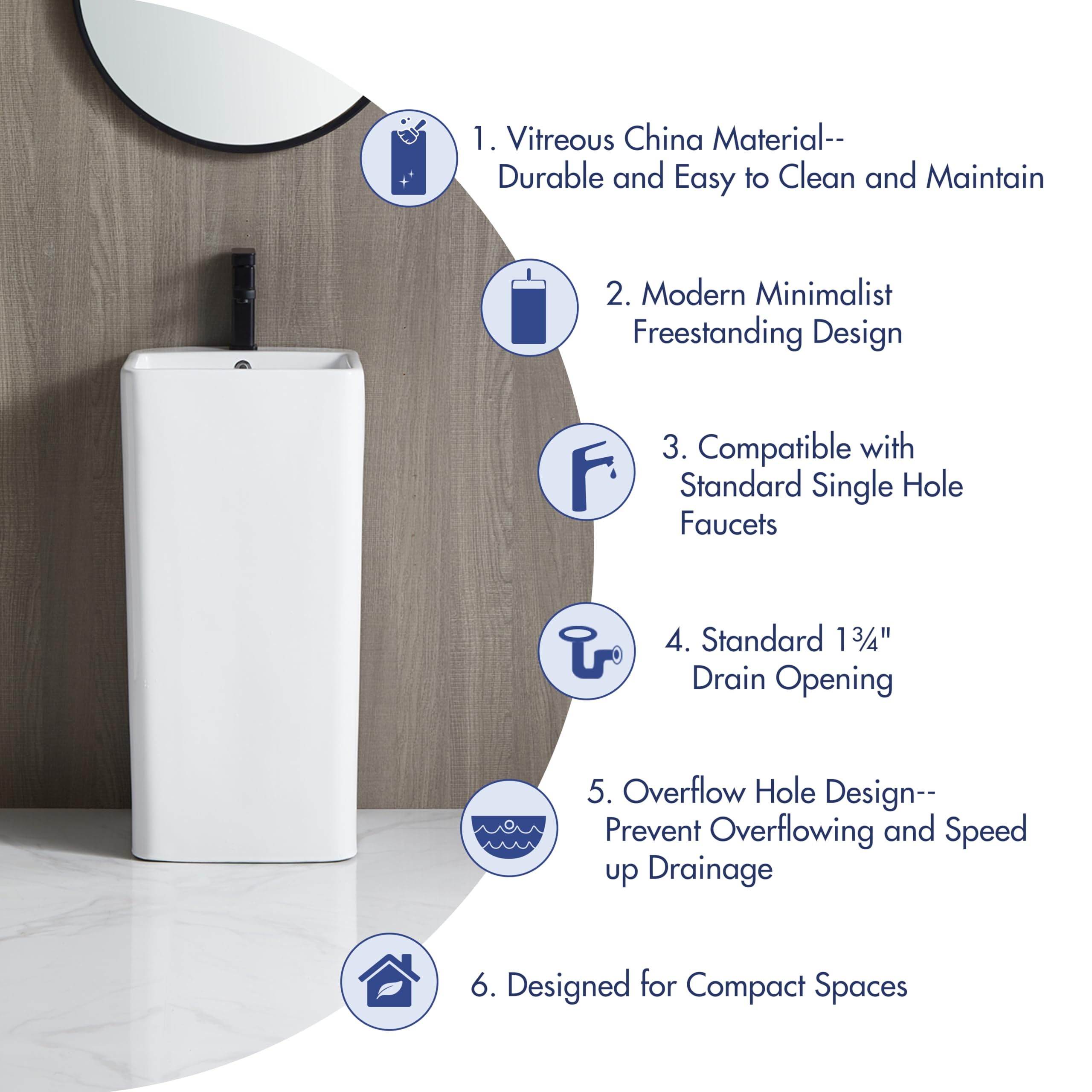 Eridanus 16x16 Inch Glossy White Vitreous Ceramic Pedestal Bathroom Sink with Overflow - Square One Piece Design for Modern Bathrooms, Powder Rooms & Guest Baths
