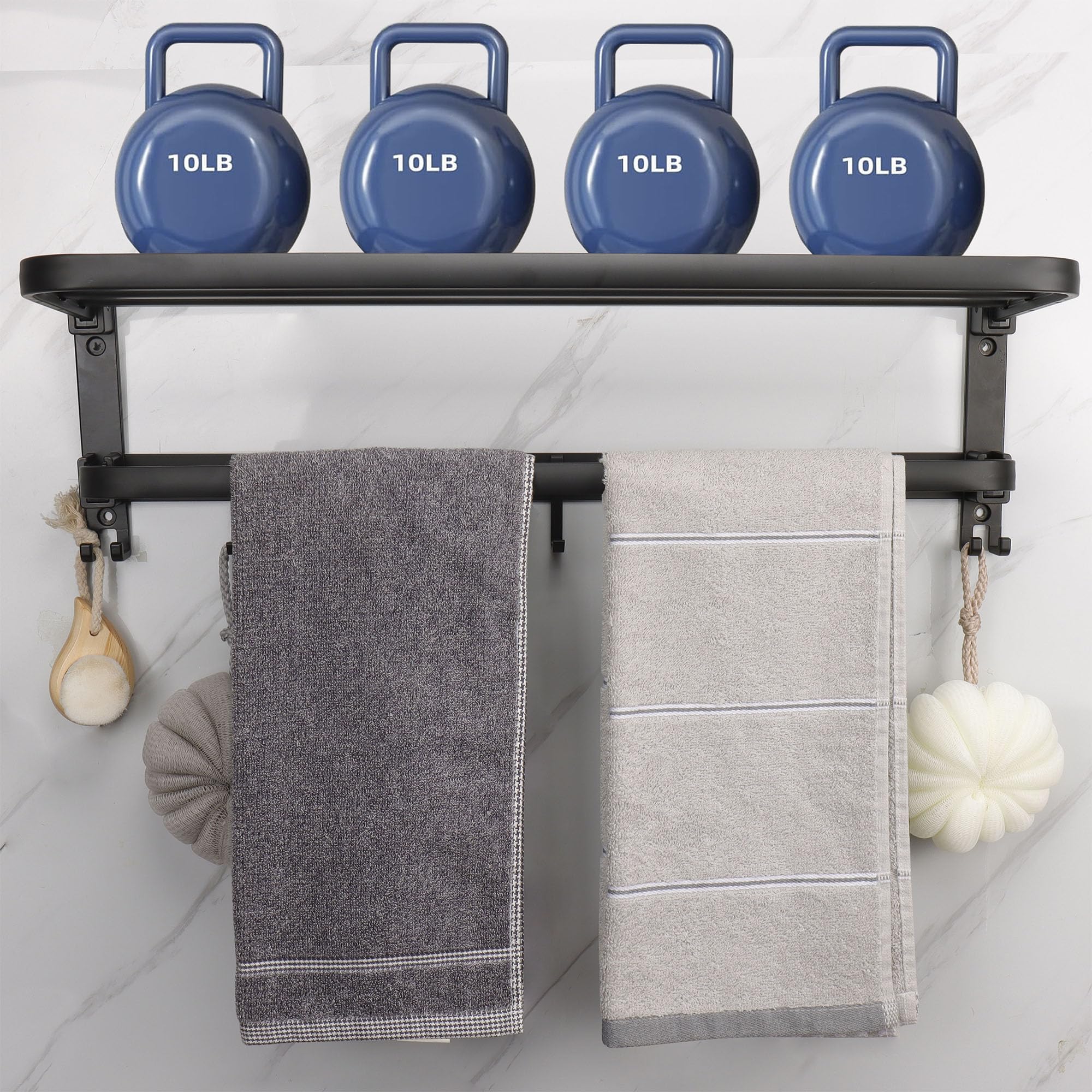 Foldable Stainless Steel Towel Rack for Bathroom - 24 Inch Double Towel Bars with 7 Hooks - Wall Mounted Space Saving Towel Holder - Perfect for Small Bathrooms, Laundry Rooms & Kitchen Towel Storage (Black)