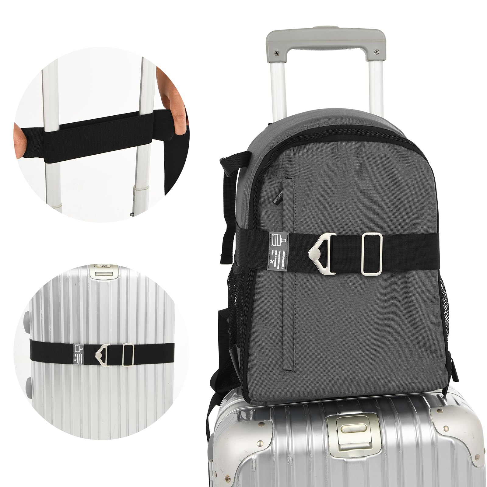 2-in-1 Adjustable Travel Luggage Belt Strap with Alloy Buckle - Elastic Carry On Bag Handle Strap for Suitcases & Backpacks - Perfect for Air Travel, Business Trips & Vacation Packing (Black)