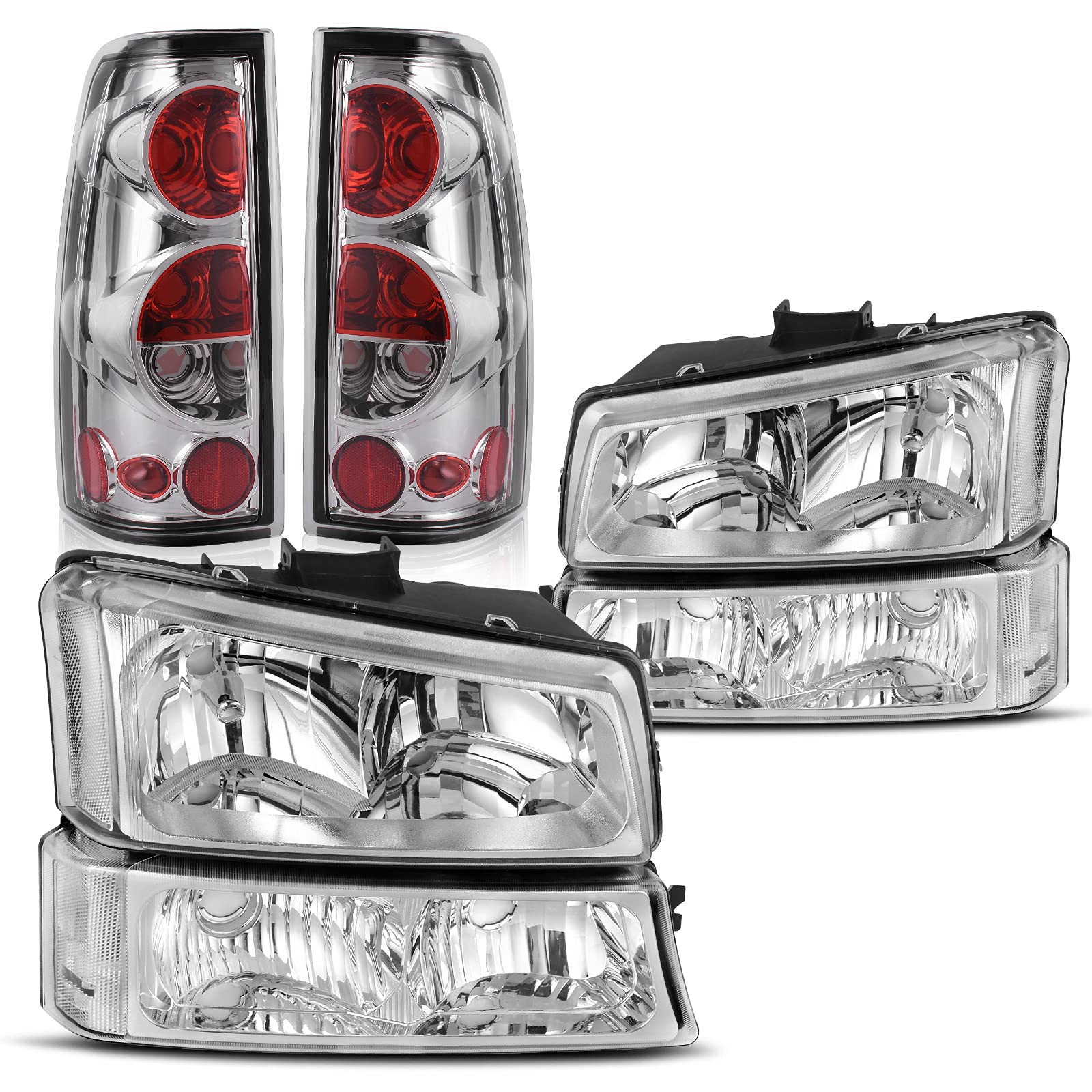 DWVO Headlights and Tail Lights Assembly Compatible with 2003-2006 Chevy Silverado 1500/2500HD, 2003-2004 Silverado 2500, 2004-2006 Silverado 3500, 2007 Silverado Classic - Chrome Housing Headlight & Taillight Combo Kit for Enhanced Visibility and Style