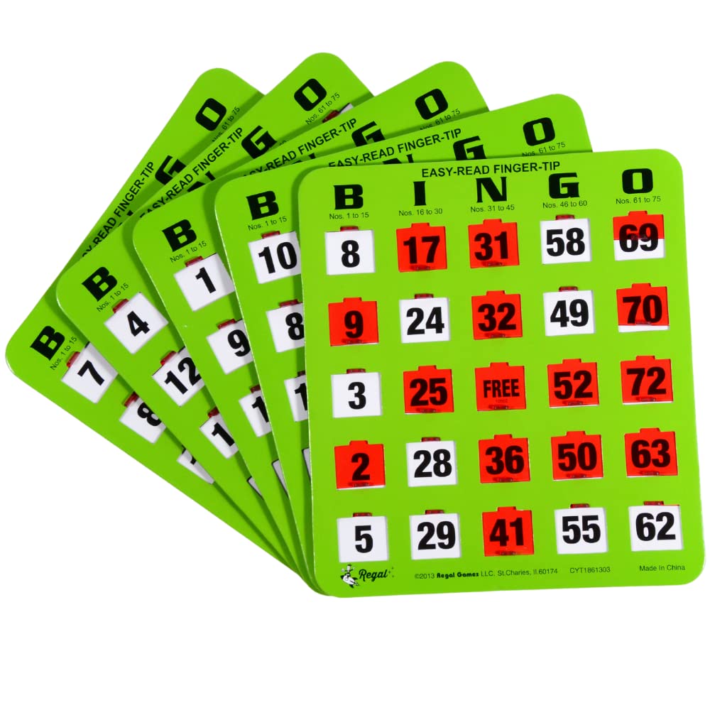 Regal Bingo Shutter Slide Bingo Cards - 8” x 9” Green Cardstock - 5-Ply Durable - No Duplicates - Red Sliding Windows - Perfect for Large Groups & Bulk Purchasing - Ideal for Bingo Nights, Fundraisers, Senior Activities & Family Game Nights