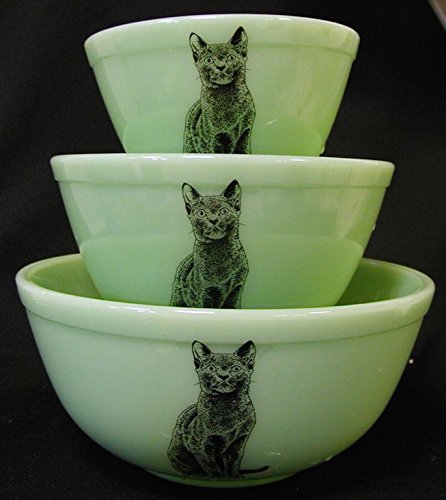 Premium Mixing Nesting Bowls Set of 3 - Rosso Exclusive Jadeite Decaled - American Made by Mosser Glass USA (Black Cat) - Perfect for Baking, Cooking & Kitchen Organization