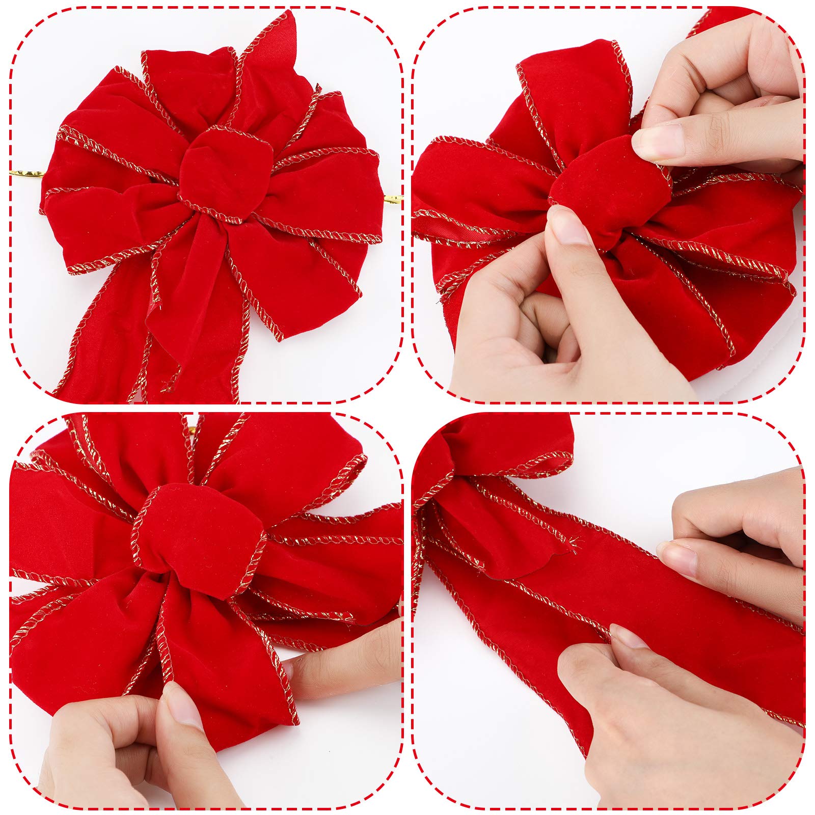 Red Velvet Christmas Bows with Gold Wired Edge - 12 Pack Premium Ribbon Bows for Holiday Wreaths, Tree Decorations & Festive Home Decor - Perfect for Xmas Gifts, Stockings & Mantel Decor