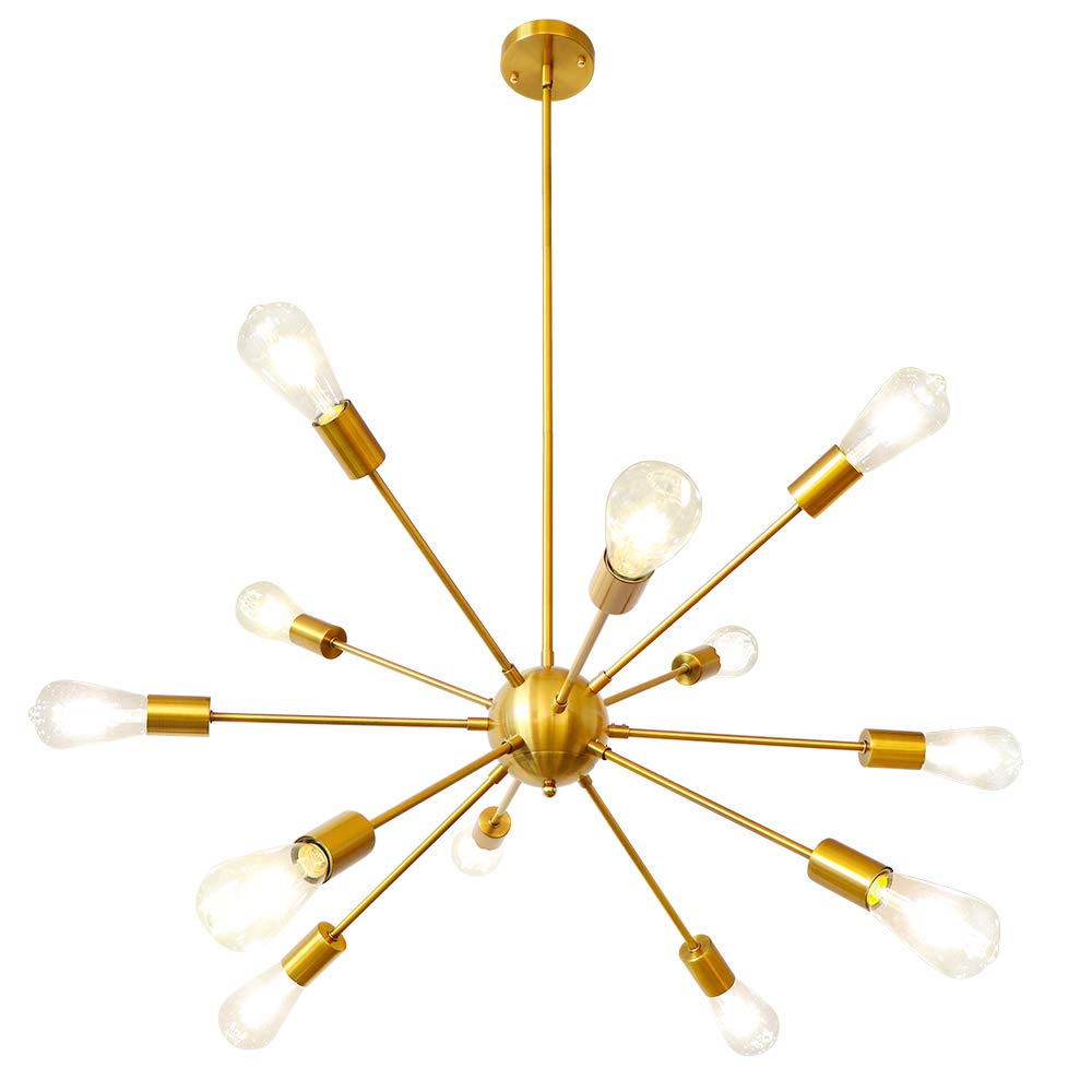 LynPon Gold Sputnik Chandelier - 12-Light Modern Adjustable Height Ceiling Fixture in Plated Gold for Dining Room, Living Room, Entryway, Foyer, Kitchen & Bedroom - Elegant Lighting for Home Decor and Special Occasions