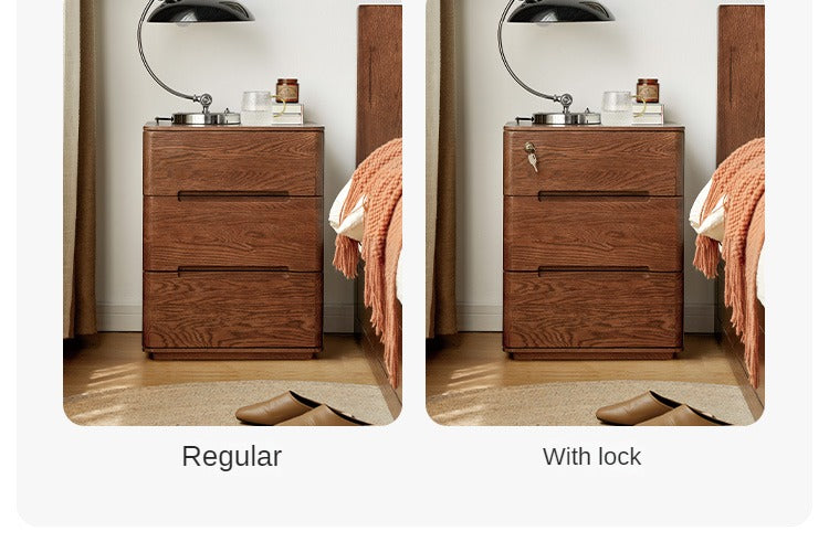 Solid Oak Wood 3-Drawer Nightstand with Lock - Bedside Table for Bedroom, Living Room & Office Storage