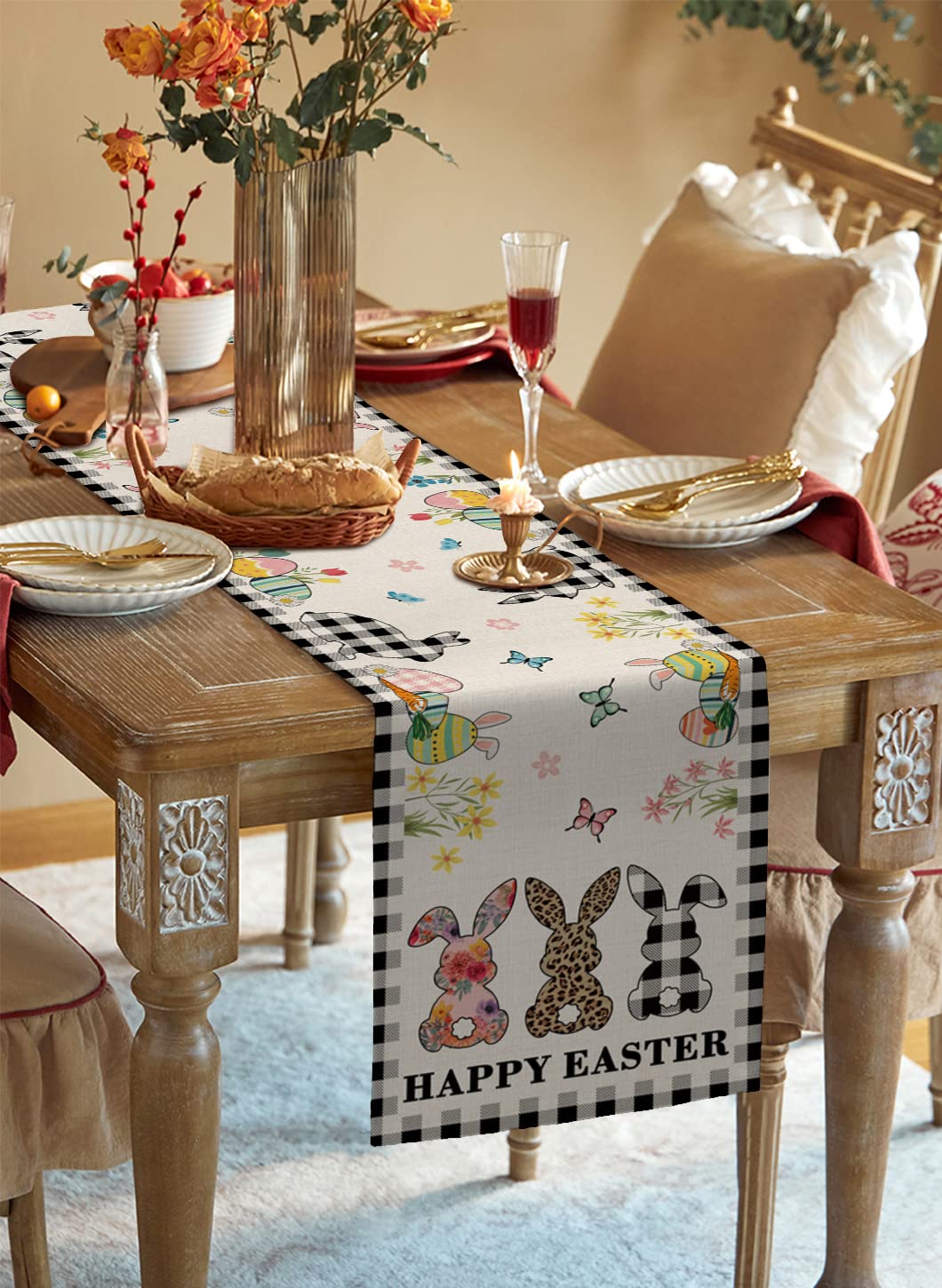 Easter Bunny Black and White Table Runner 13x70 Inches - Holiday Dining Room Decor for Kitchen, Living Room, Party & Spring Celebration Table Setting