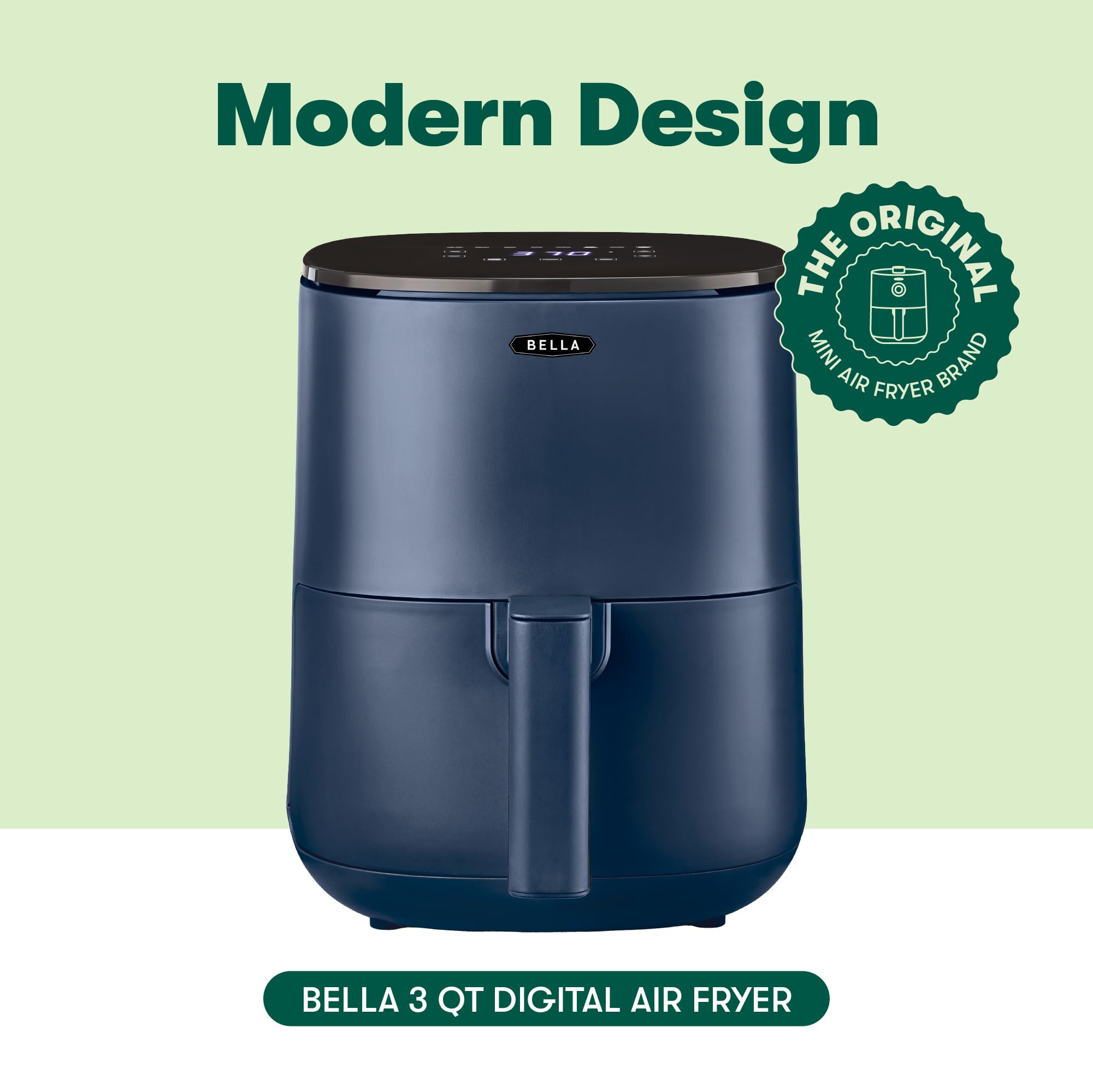 BELLA 3 Quart Touchscreen Air Fryer Oven - 5-in-1 Multicooker with Removable Nonstick Basket & Dishwasher Safe Crisping Tray - 1400W Fast Heating System - Matte Blue - Perfect for Healthy Cooking, Meal Prep & Family Dinners