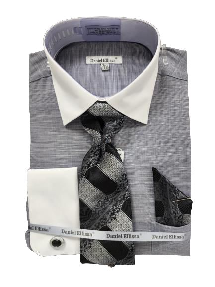 DANIEL ELLISSA JQD Pattern White Collar French Cuff Dress Shirt DS3831P2 Black - Perfect for Business Meetings & Formal Events