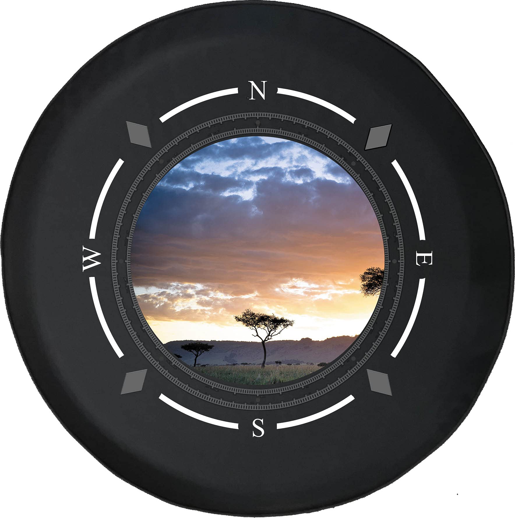 American Unlimited Spare Tire Cover with Compass Design - Multicolor Sky & Safari Plains Pattern - Universal Fit for SUV, Trailer, RV & Most Vehicles - Perfect for Off-Road Adventures & Camping Trips