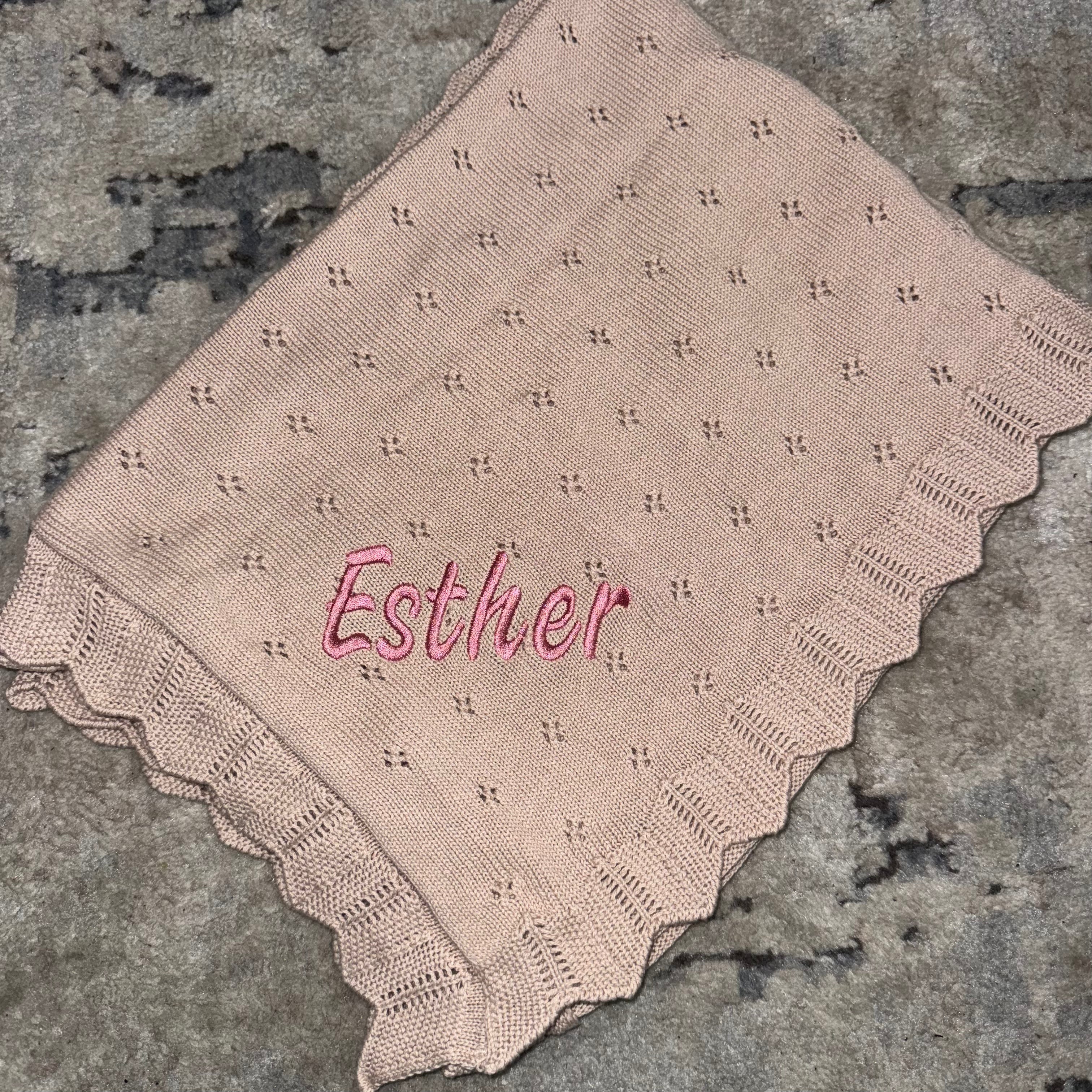 Domani Home Scalloped Pointelle Knit Blanket - Soft Lightweight Throw for Bed, Couch & Nursery - Rice Pink Cozy Blanket for Women, Girls & Baby Gifts