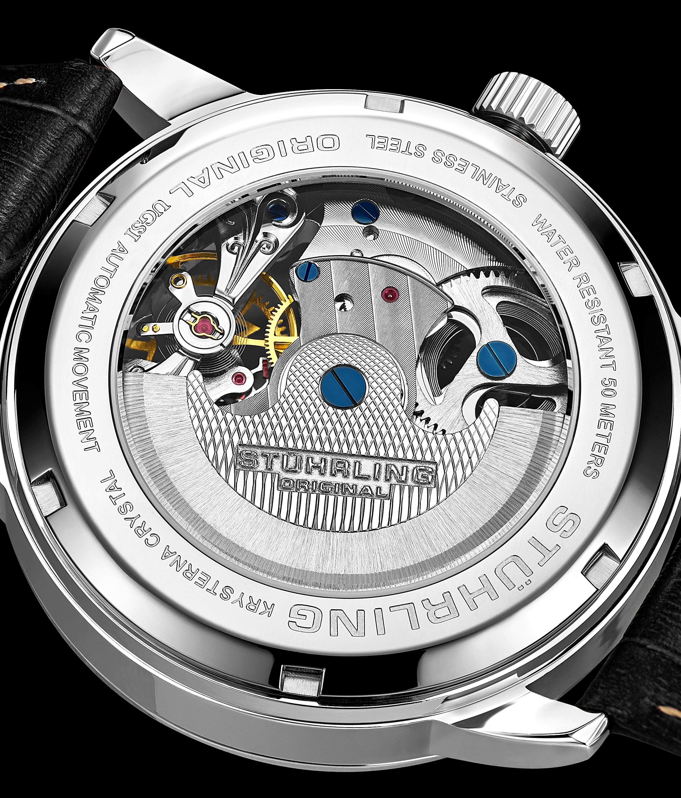 Stuhrling Original Men's Skeleton Automatic Watch - Dual Time, AM/PM Sun Moon Display, Genuine Leather Band, Legacy Collection | Perfect for Business, Formal Events & Gift Giving