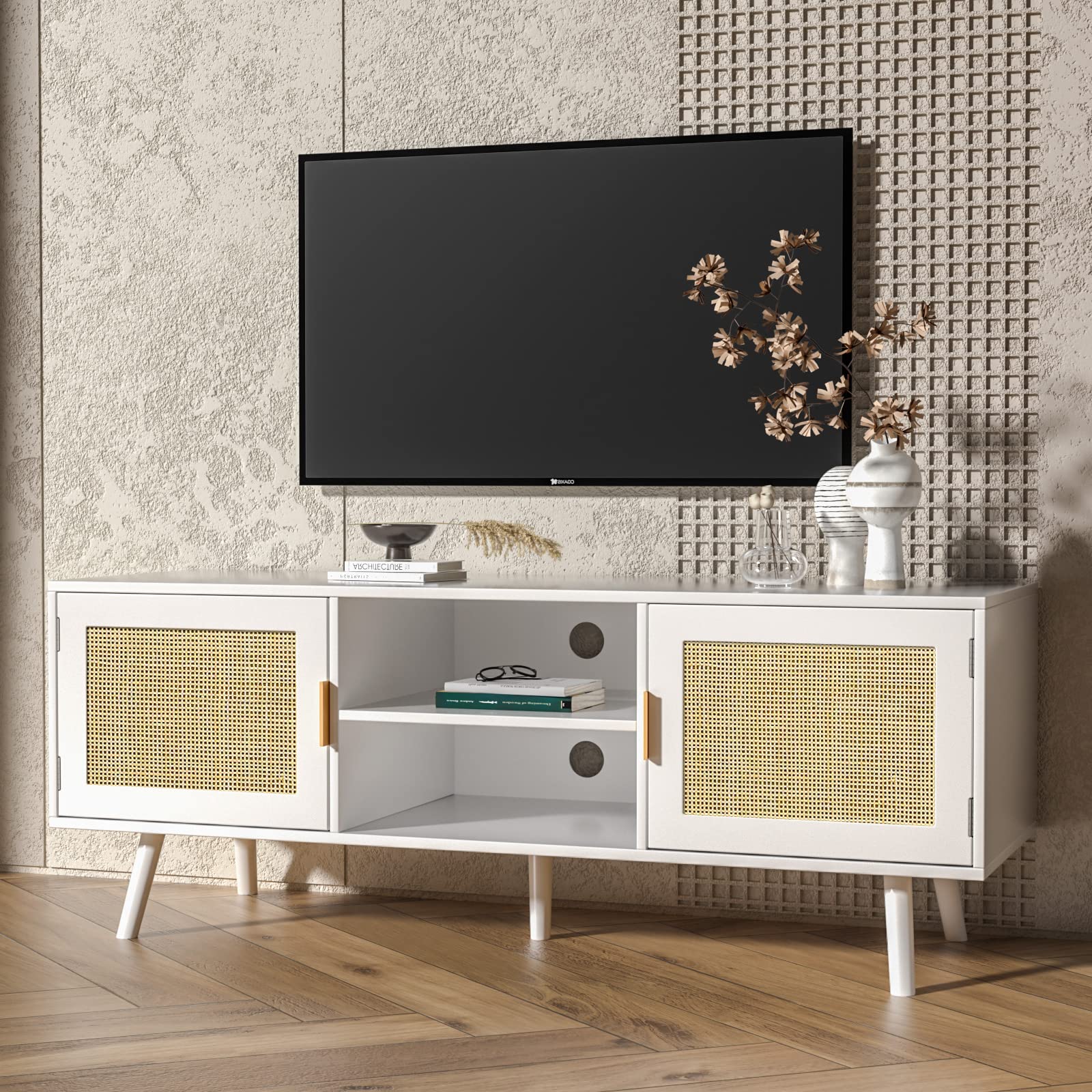 Anmytek 55 Inch Farmhouse Rattan TV Stand - Mid Century Modern Entertainment Center with Storage Cabinet, Wood Media Console for Living Room, Bedroom & Office - White H0055
